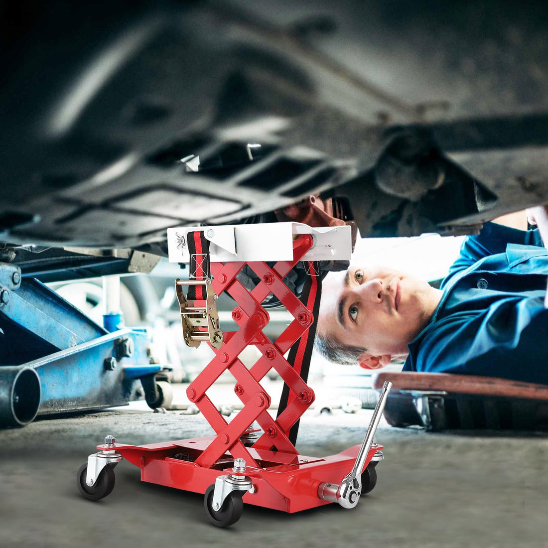 Garvee 450lbs Auto Repair Lifting Jack - Heavy-Duty Transmission Jack with  7.8-23 Inch Adjustable Heightand Wide Base for Vehicle Maintenance, Red