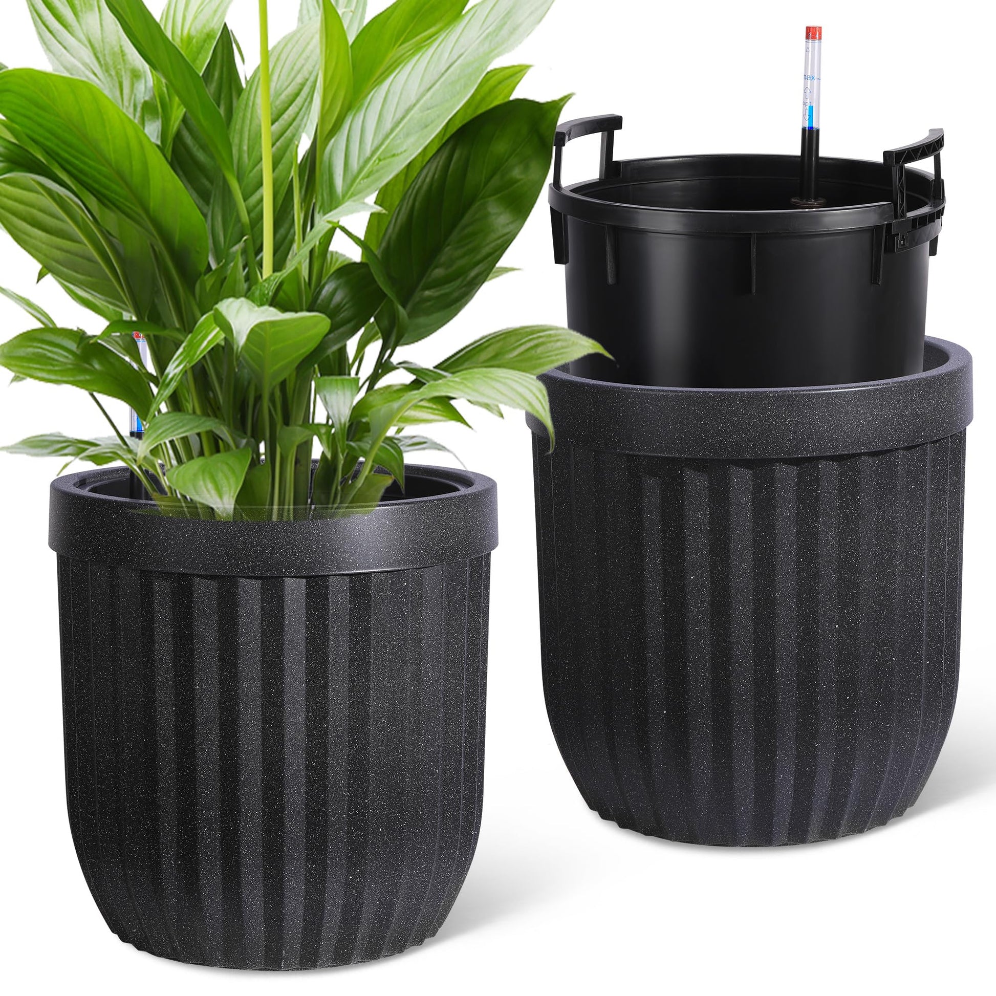 Garvee 14.5 Inch Tall Planters Set of 2 Flower Pots with a Water Level Monitor, Self Watering Insert and Hidden Wheels, Ideal for Living Room, Bedroom Office, Patio, Porch, Garden, Black