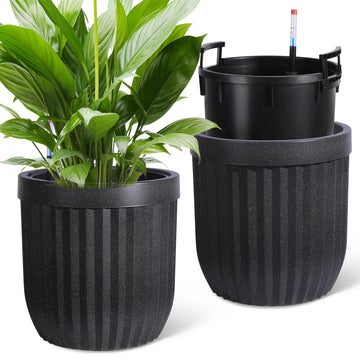 Garvee 14.5 Inch Tall Planters Set of 2 Flower Pots with a Water Level Monitor, Self Watering Insert and Hidden Wheels, Ideal for Living Room, Bedroom Office, Patio, Porch, Garden, Black