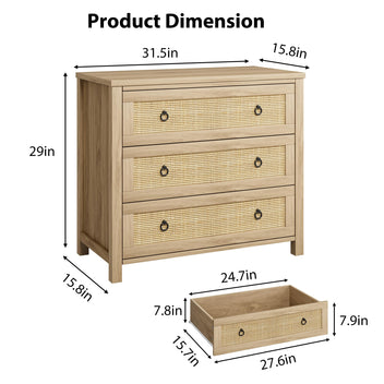 Garvee Rattan 3 Dresser for Bedroom, 29" Tall Dresser, Boho Tall Drawer Dresser with Storage, Wooden Closet Dressers Chest of Drawers Freestanding for Bedroom, Nursery, Living Room, Natural