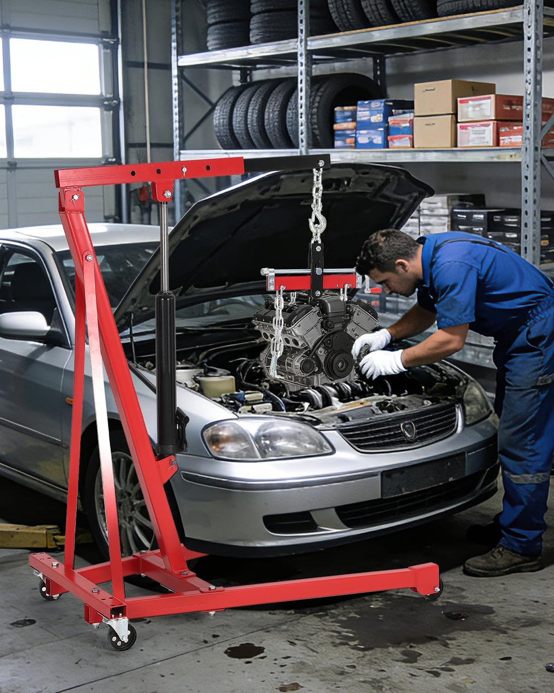 Garvee Portable Hydraulic Engine Hoist, 1.5 Ton (3000 LBS) Capacity Shop Crane with Telescopic Boom & 4 Swivel Casters, Cherry Picker Lift for Home Garage, Auto Repair, and Warehouse Use, Heavy-Duty, Red