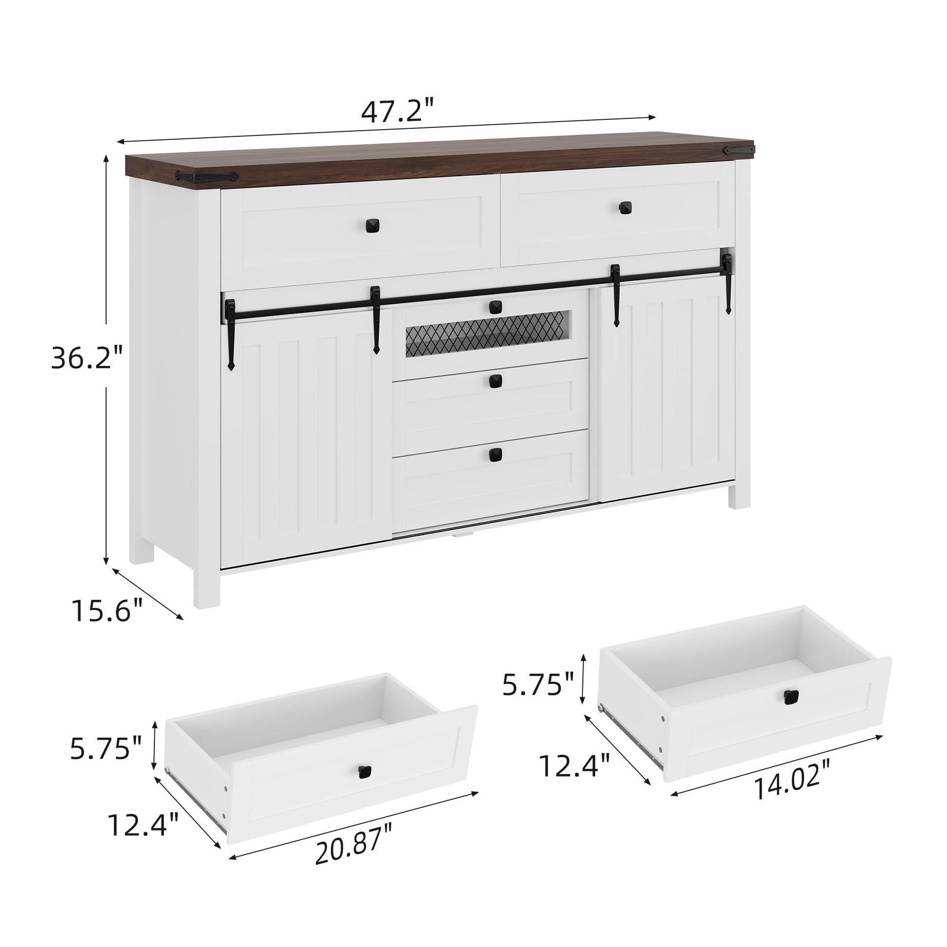 Garvee Farmhouse Buffet Cabinet, Kitchen Sideboard with Sliding Barn Doors, 5 Drawers, Wooden Storage Cabinet, Coffee Bar Station for Kitchen, Living Room, Dining Room, White