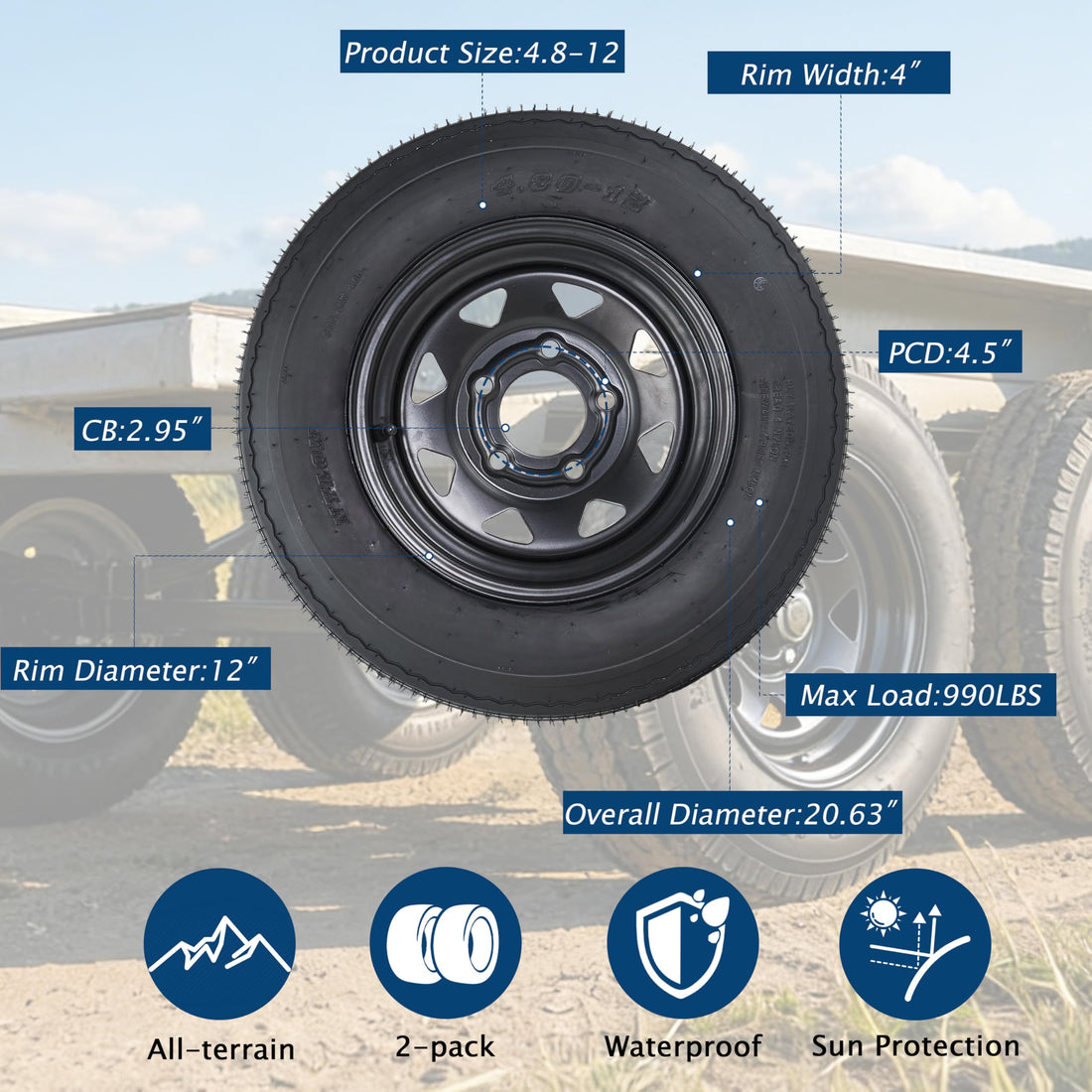 Garvee 4.80-12 Trailer Tires with 12 in Rims, 5 Lug, Load Range C, Multi-Function Lawn Mower & Tractor Tires, Black, 2 Pack