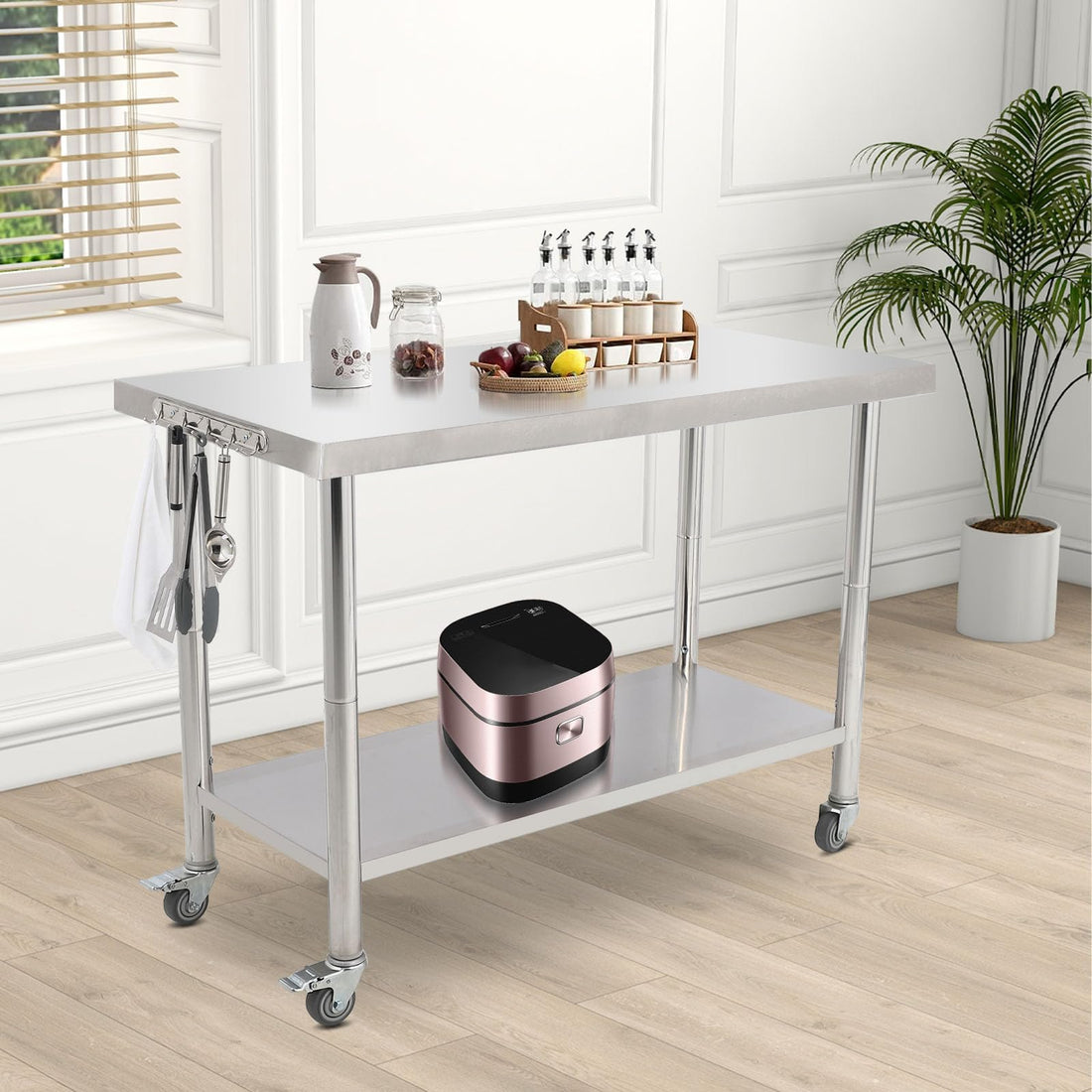 GARVEE 48"L x 24"W x 35"H Stainless Steel Work Table - Heavy-Duty Prep Table with Undershelf, Wheels, and Hooks for Kitchen and Restaurant Use