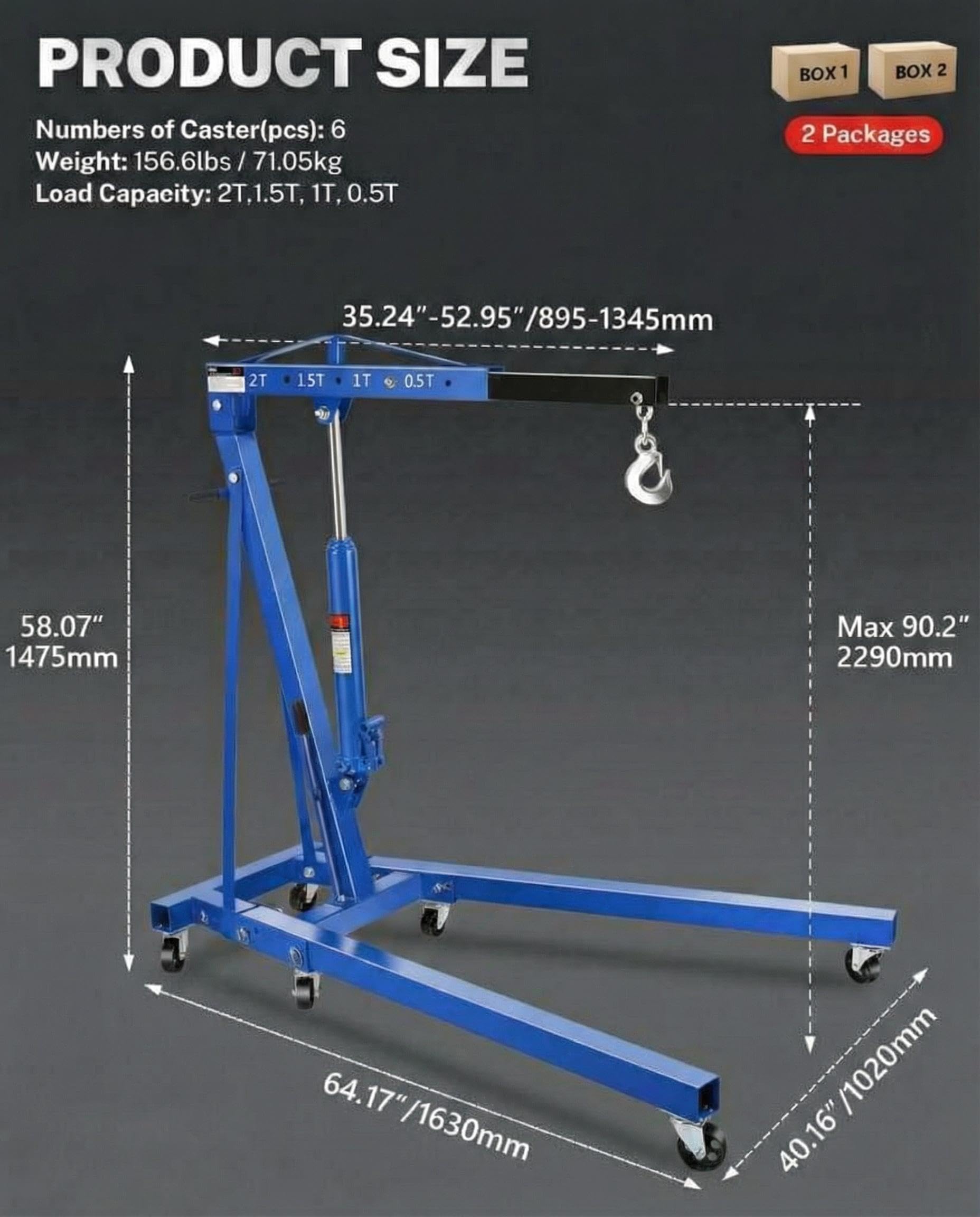 Garvee 2 Ton Engine Hoist Cherry Picker - 4400 lbs Capacity, Foldable Steel Frame, Heavy-Duty Hydraulic Crane with 6 Casters for Truck Engines and Farm Use, Blue