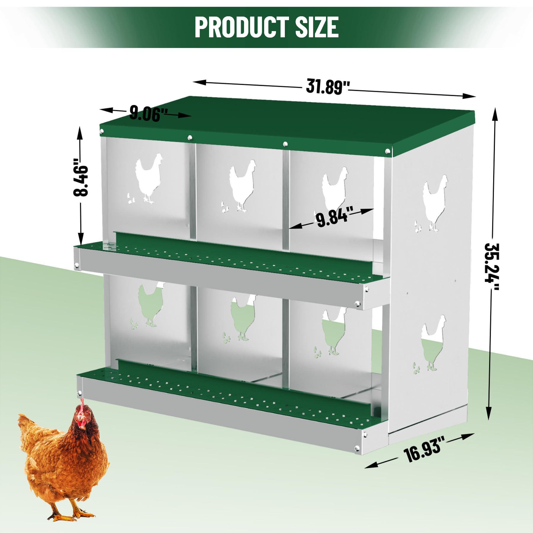 Garvee 6 Compartments Metal Chicken Nesting Boxes, Nesting Boxes, Chicken Laying Box with Roll Out Egg Collection with Vented Holes, Green