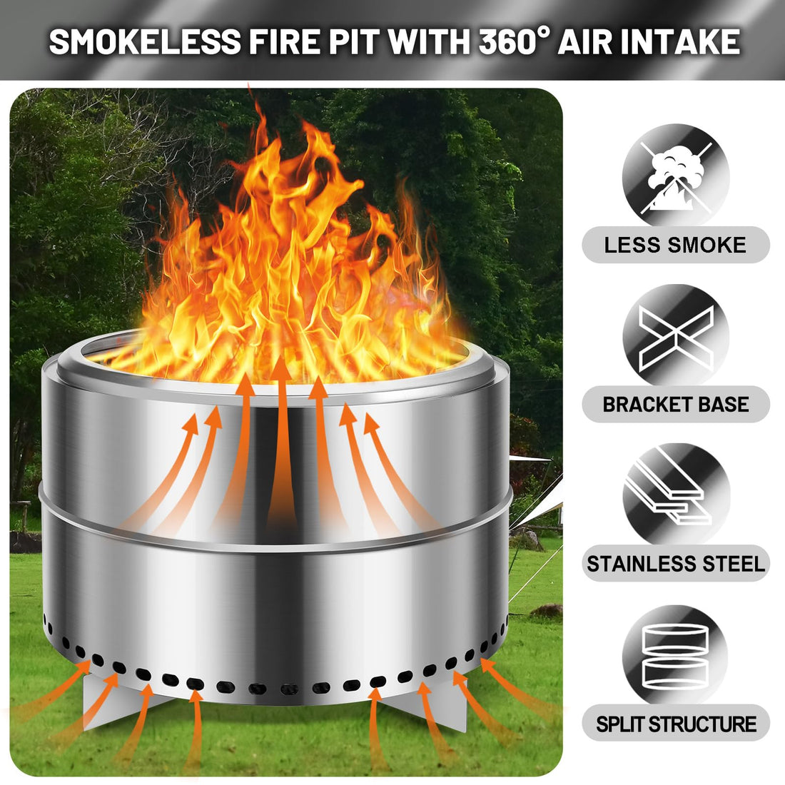 Garvee 27" Portable Smokeless Firepit with Stand - Stainless Steel Wood Burning Bonfire Fire Pit for Camping & Picnic, Large with Carry Bag & Split Structure