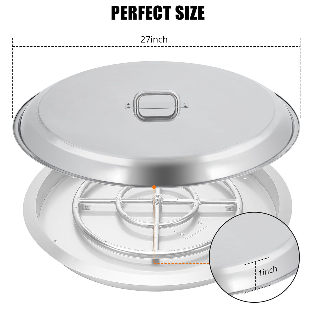 Garvee Fire Pit Cover – 27" Round Stainless Steel with Handle, Compatible with Bonfire, Inset Fire Pit Lid, Outdoor Patio Camping, Silver