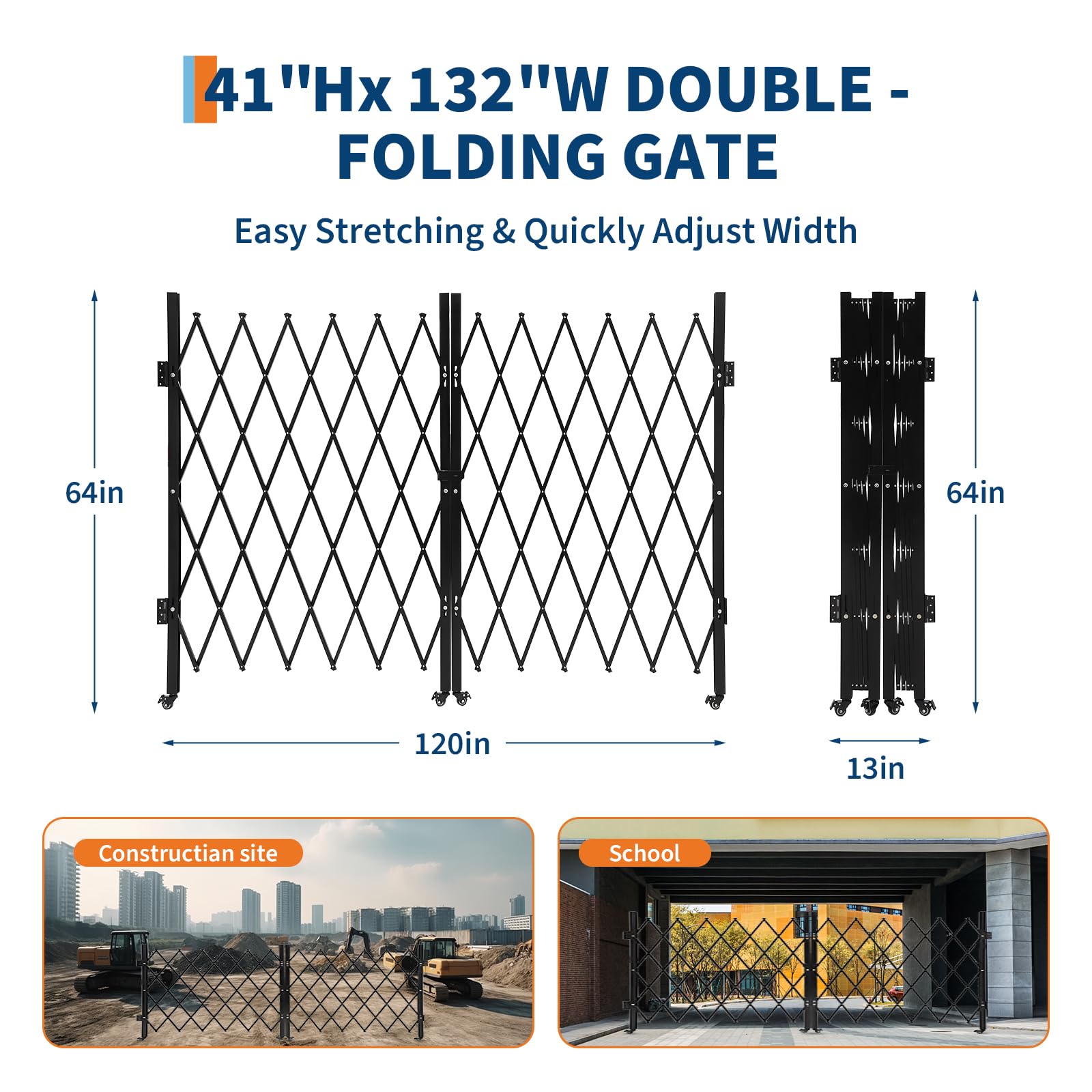 Garvee 10FT Industrial Metal Expandable Barricade，Retractable Traffic Fence with Casters, Portable Barricade Gate for Construction Area, Traffic Control, Cordon