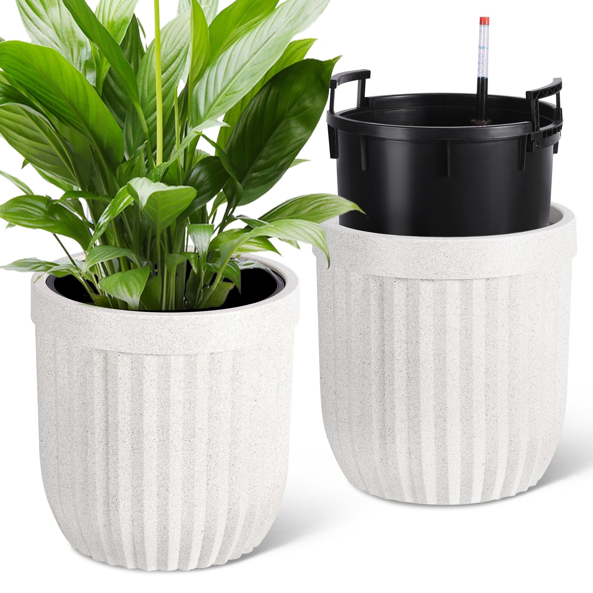 Garvee 14.5 Inch Tall Planters Set of 2 Flower Pots with a Water Level Monitor, Self Watering Insert and Hidden Wheels, Ideal for Living Room, Bedroom Office, Patio, Porch, Garden, White