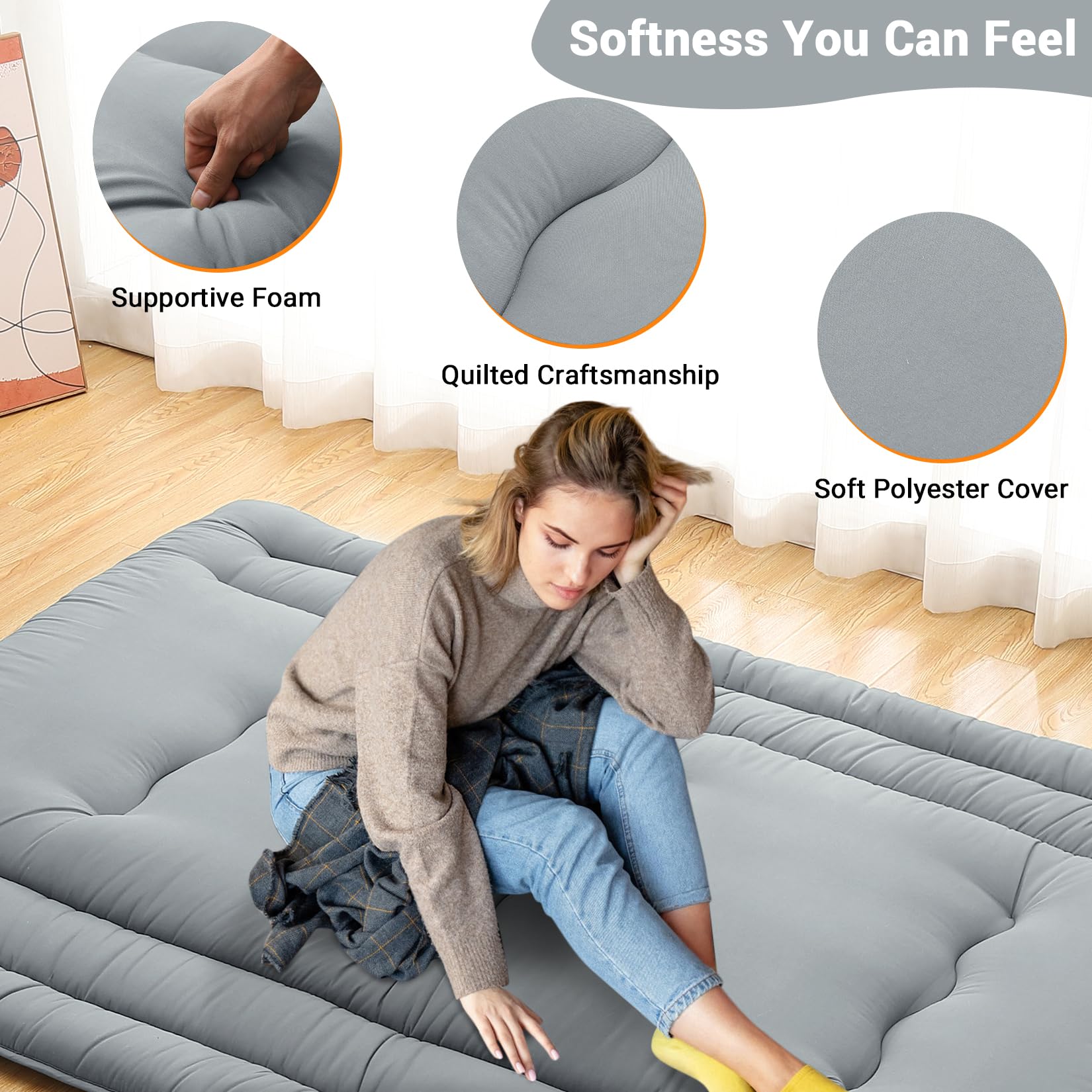 Garvee Futon Mattress Twin Size, Japanese Floor Mattress Foldable Tatami Mat, Roll Up Floor Bed Mattress Kids Floor Play Mat, Japanese Floor Bed for Dorm House Guest, Light Grey