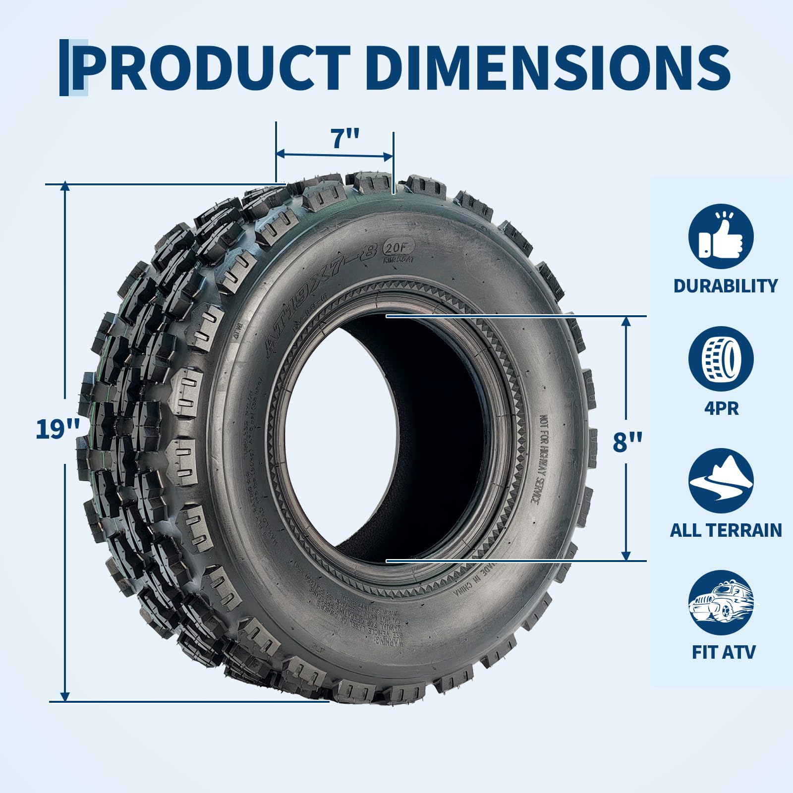 Garvee 19x7-8 ATV/UTV Knobby Sport Tires - Front 19x7x8 Mini Bike Tires, 4-Ply Tubeless All-Terrain, Black