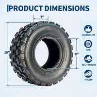 Garvee 19x7-8 ATV/UTV Knobby Sport Tires - Front 19x7x8 Mini Bike Tires, 4-Ply Tubeless All-Terrain, Black