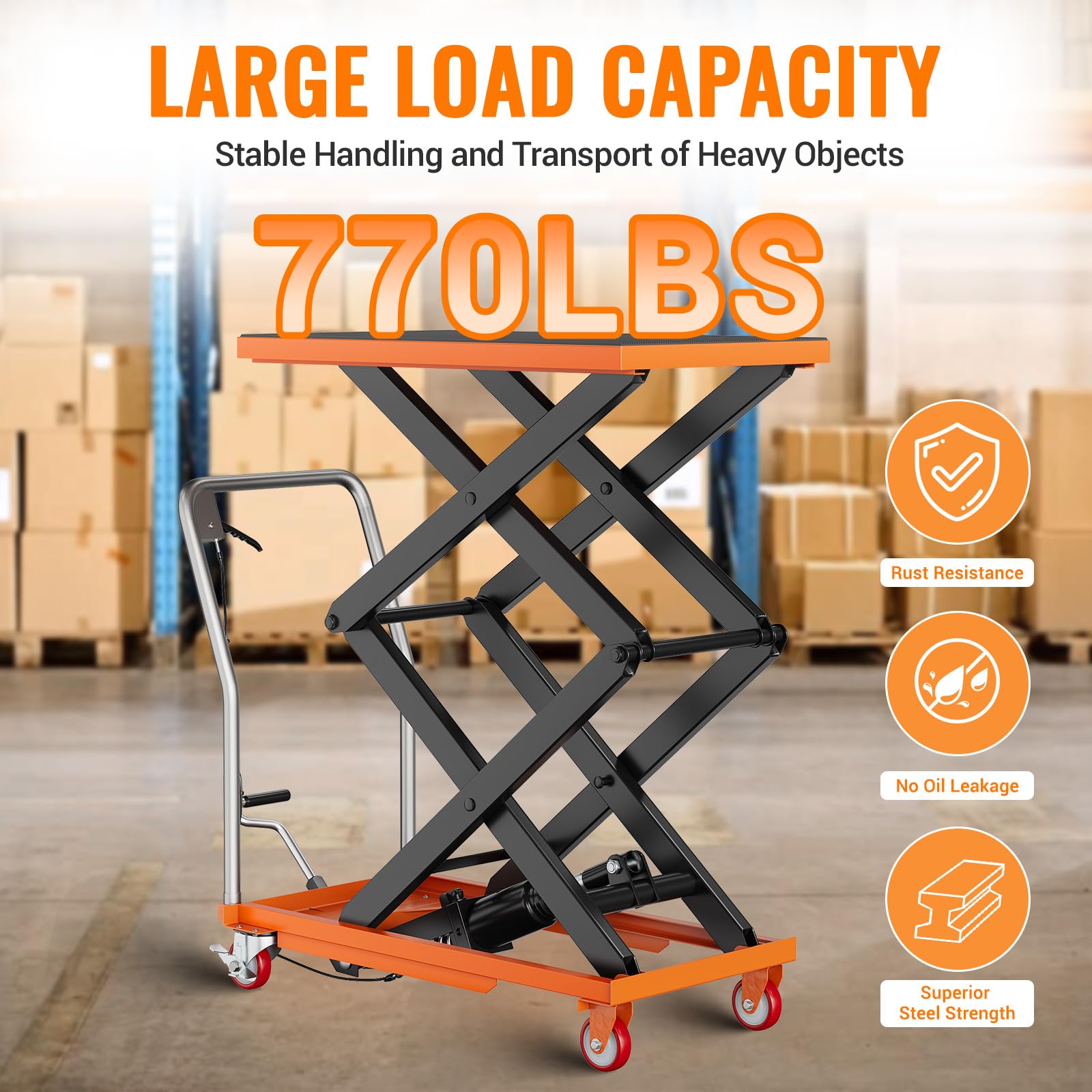 Garvee 770lbs Capacity Hydraulic Lift Table Cart, 14"-59" Lifting Height Manual Double Scissor Table Lift Cart with Non-Slip Pad for Material Handling and Transportation - Orange