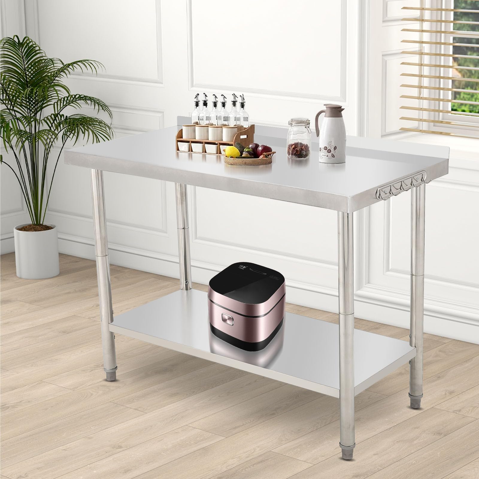 GARVEE 48"L x 24"W x 35"H Stainless Steel Work Table - Heavy-Duty Prep Table with Undershelf, Backsplash, and Hooks for High Load Bearing in Kitchen and Restaurant