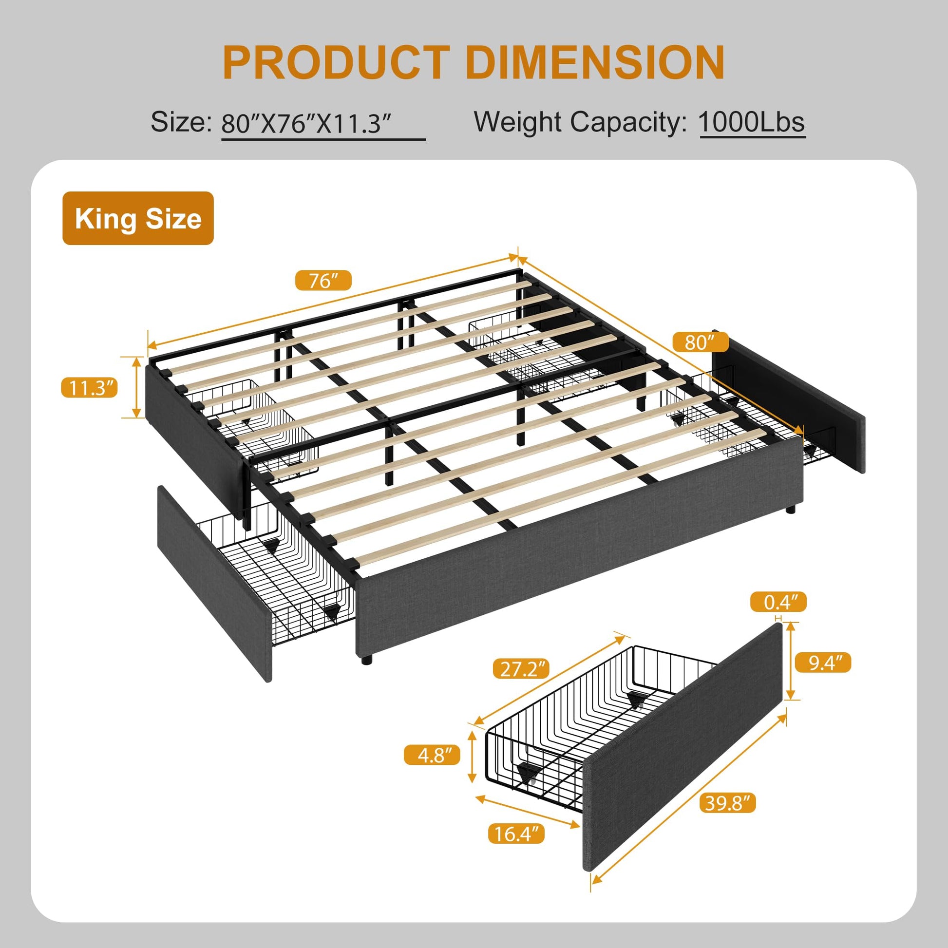 Garvee Platform Bed Frame, Fabric Upholstered with 4 Storage Drawers, No Box Spring Needed, Wooden Slats Support, Noise Free, Easy Assembly, Dark Grey(KING)