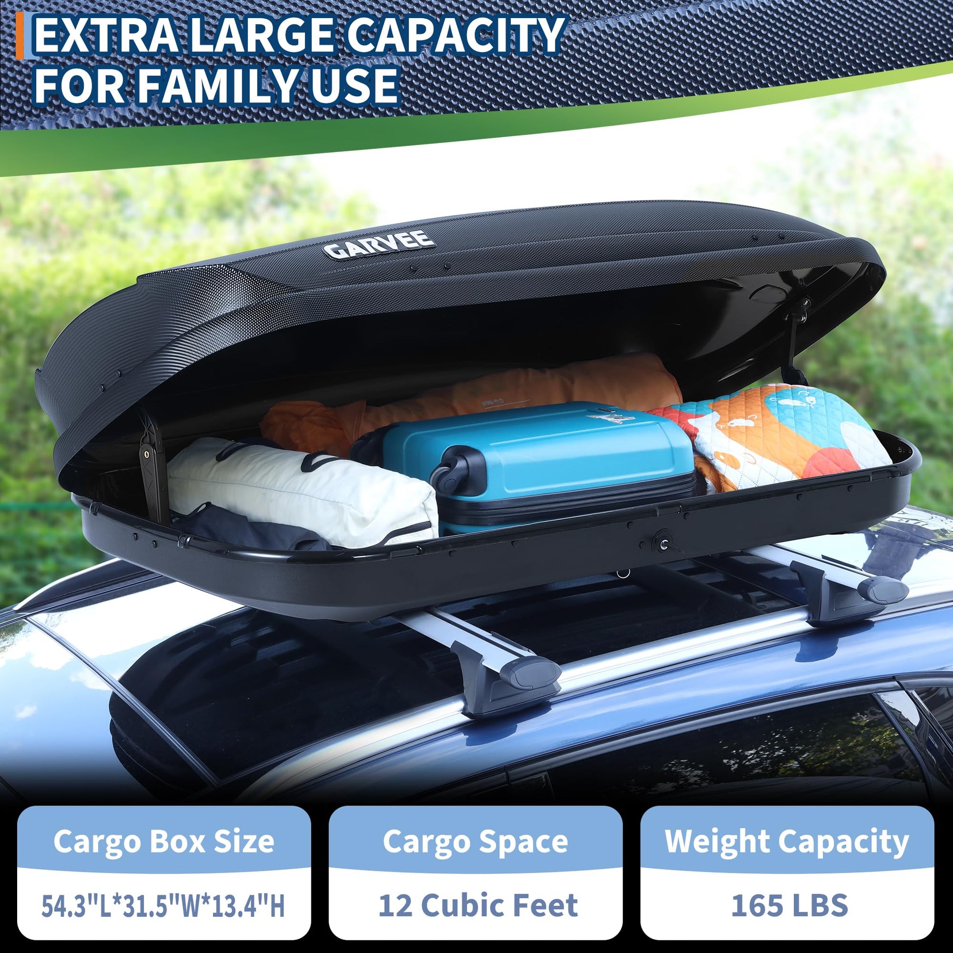 Garvee Rooftop Cargo Box Carrier, Dual-Side Opening Hard-Shell Roof Mount with 12 Cubic Feet Storage, 165 lbs Capacity, Secure Straps & Keys for Travel, Black