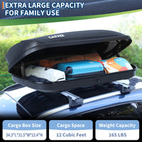 Garvee Rooftop Cargo Box Carrier, Dual-Side Opening Hard-Shell Roof Mount with 12 Cubic Feet Storage, 165 lbs Capacity, Secure Straps & Keys for Travel, Black