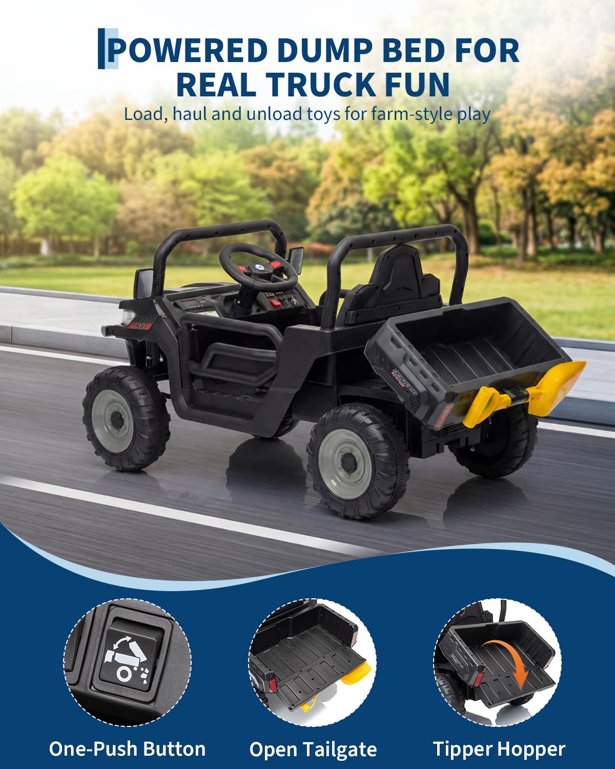 Garvee 12V Kids Ride on Dump Truck with Parent Remote Control, Single Seater Electric Farm Truck for Kids, Powered Dump Bed, Double Opening Doors, Suspension, LED Lights, MP3 & Horn,Black