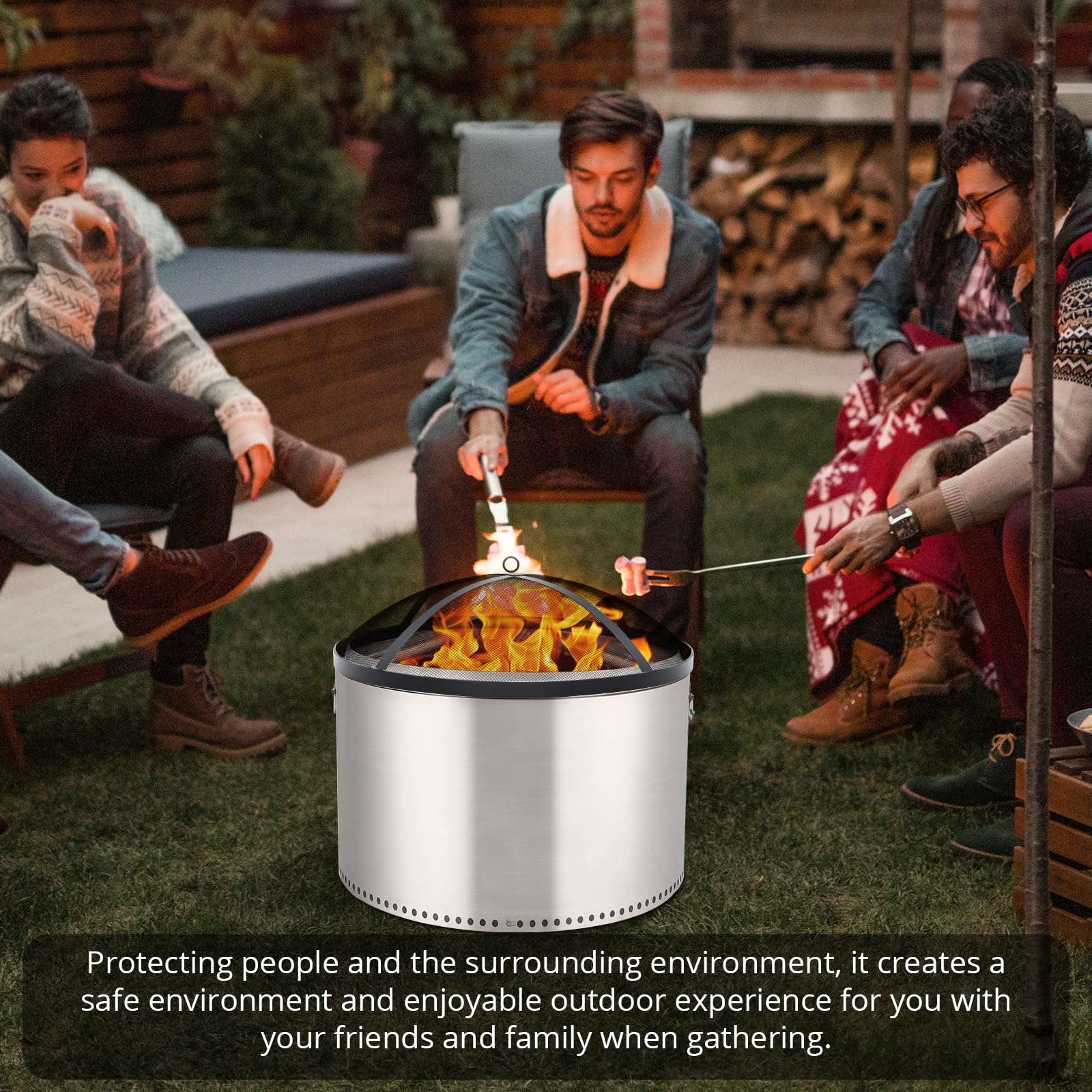 Garvee Fire Pit Spark Screen Cover for Campfires - Easy Lift Stainless Steel, Mesh Protector, Guide Rod Included, Outdoor Patio & Backyard Accessory, Black，36 * 36 * 7inch