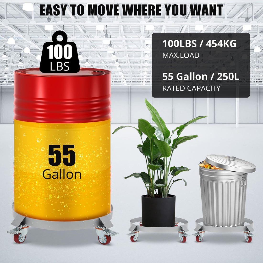 Garvee 55 Gallon Drum Dolly, 1000lbs, Steel Frame Bucket Dolly with 4 Swivel Casters Wheel, Non Tipping Barrel Dolly for Furniture/Trash/Plant