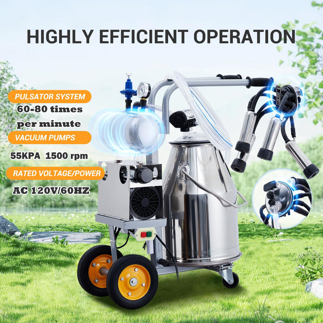 Garvee 6.6 Gal/25L Portable Cow Milking Machine, Electric Milking Machine with 304 Stainless Steel Bucket, Automatic Pulsation Vacuum Milker with Food-Grade Silicone Cups and Tubes, for Cows and Goats
