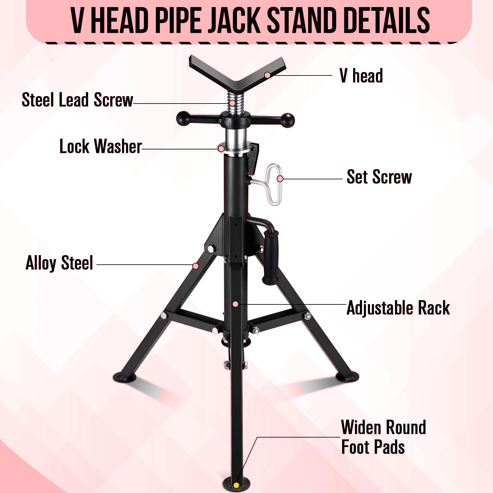 Garvee V-Head Pipe Jack Stand 2500 Lbs Load Capacity Adjustable 28-52" Height Heavy-Duty Steel Folding Legs Portable for Welding Automotive HVAC