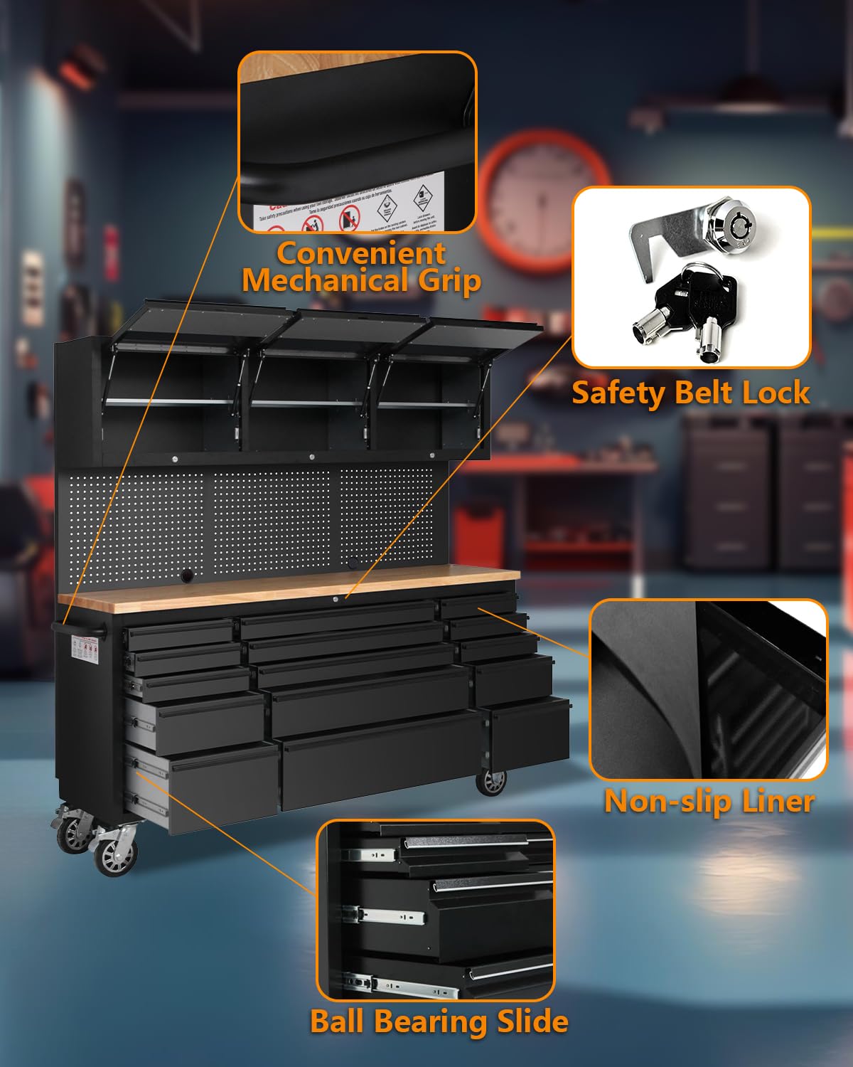 Garvee 15-Drawer Large Rolling Tool Chest, 72" x 20" Mobile Tool Storage Cabinet with 3 Up Top Cabinet & Pegboard, Wheels, Garage Tool Box Organizer with Anti-Slip Liner for Warehouse, Repair Shop