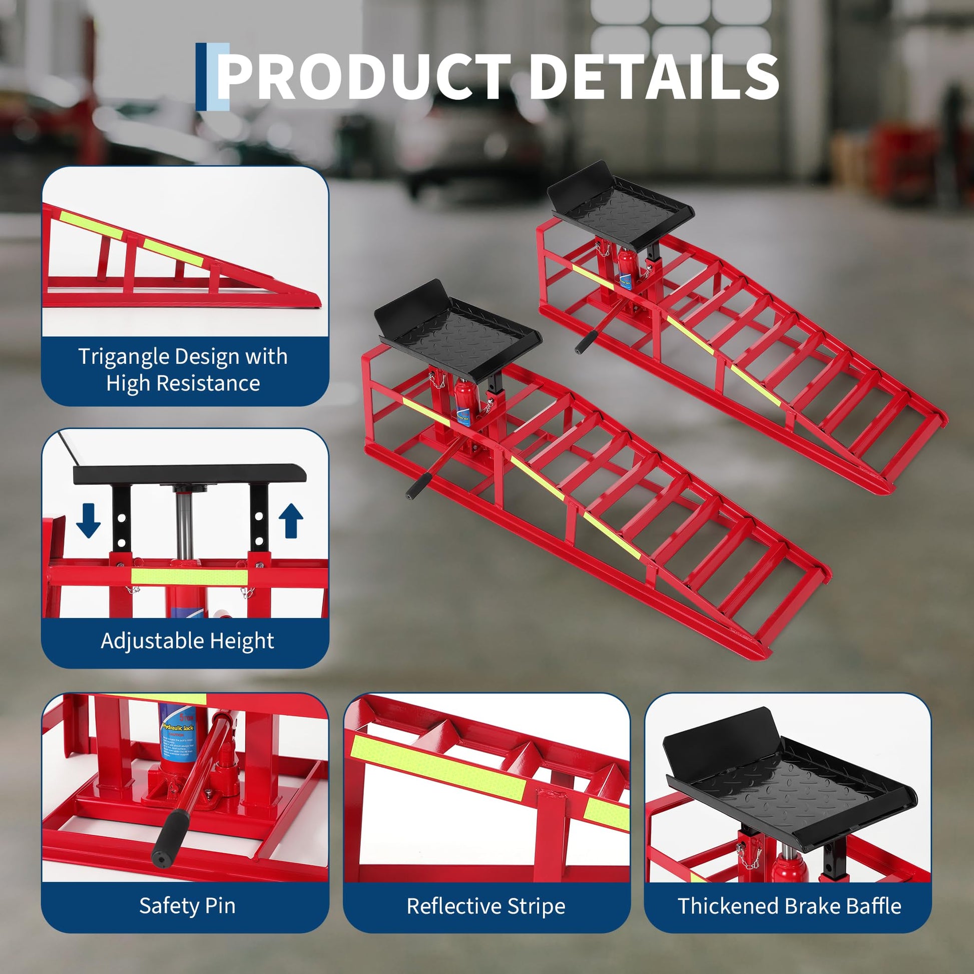 Garvee 5-Ton Hydraulic Car Ramps - Heavy-Duty Vehicle Lift with Reflective Strips for Night Use, Adjustable Height from 9.8" to 15", Portable Auto Service Ramps for Oil Changes and Truck Maintenance in Garage