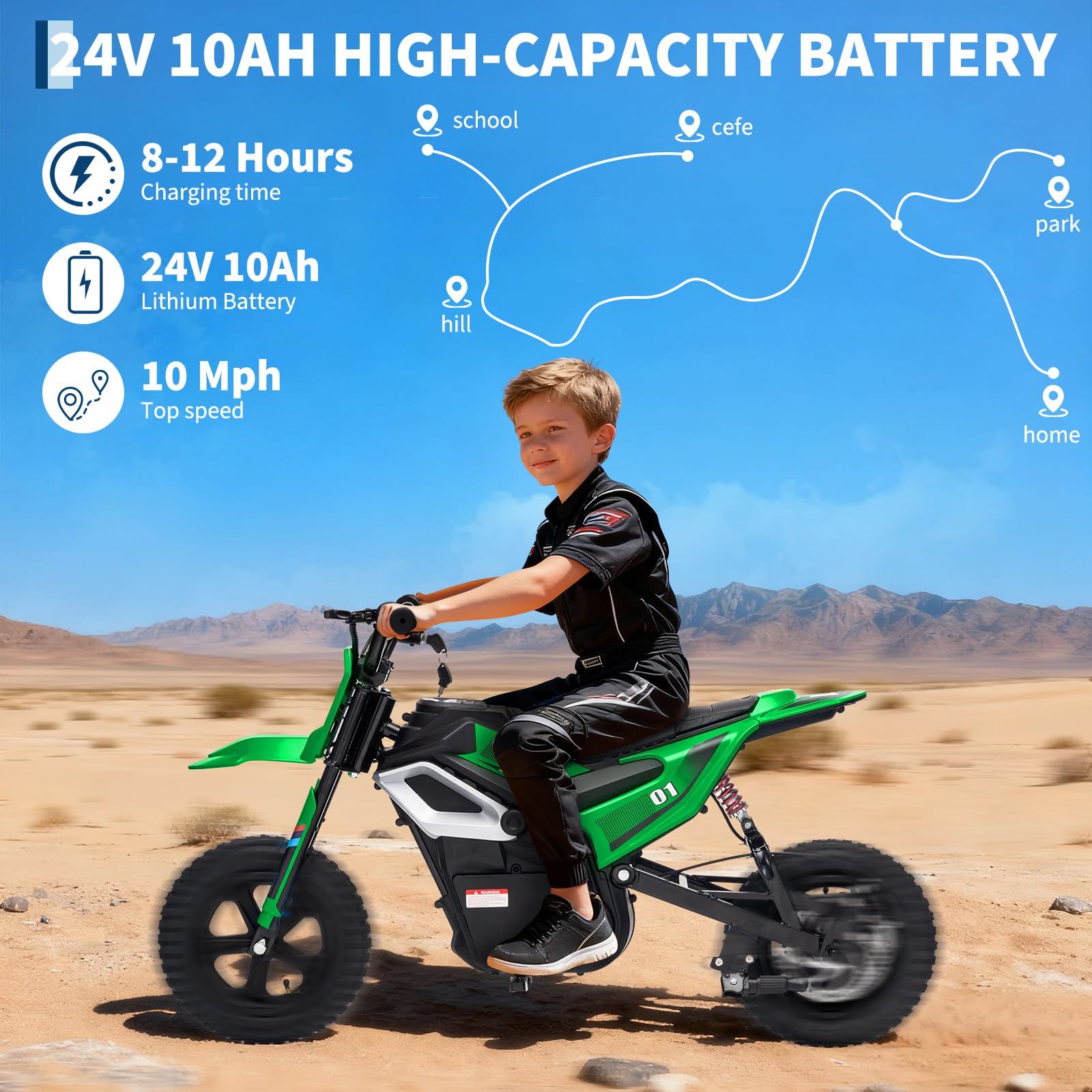 Garvee 24V Kids Electric Dirt Bike 350W Motor 10MPH Speed Rear Suspension Leather Seat Black Blue Green Red Rose White Outdoor Riding
