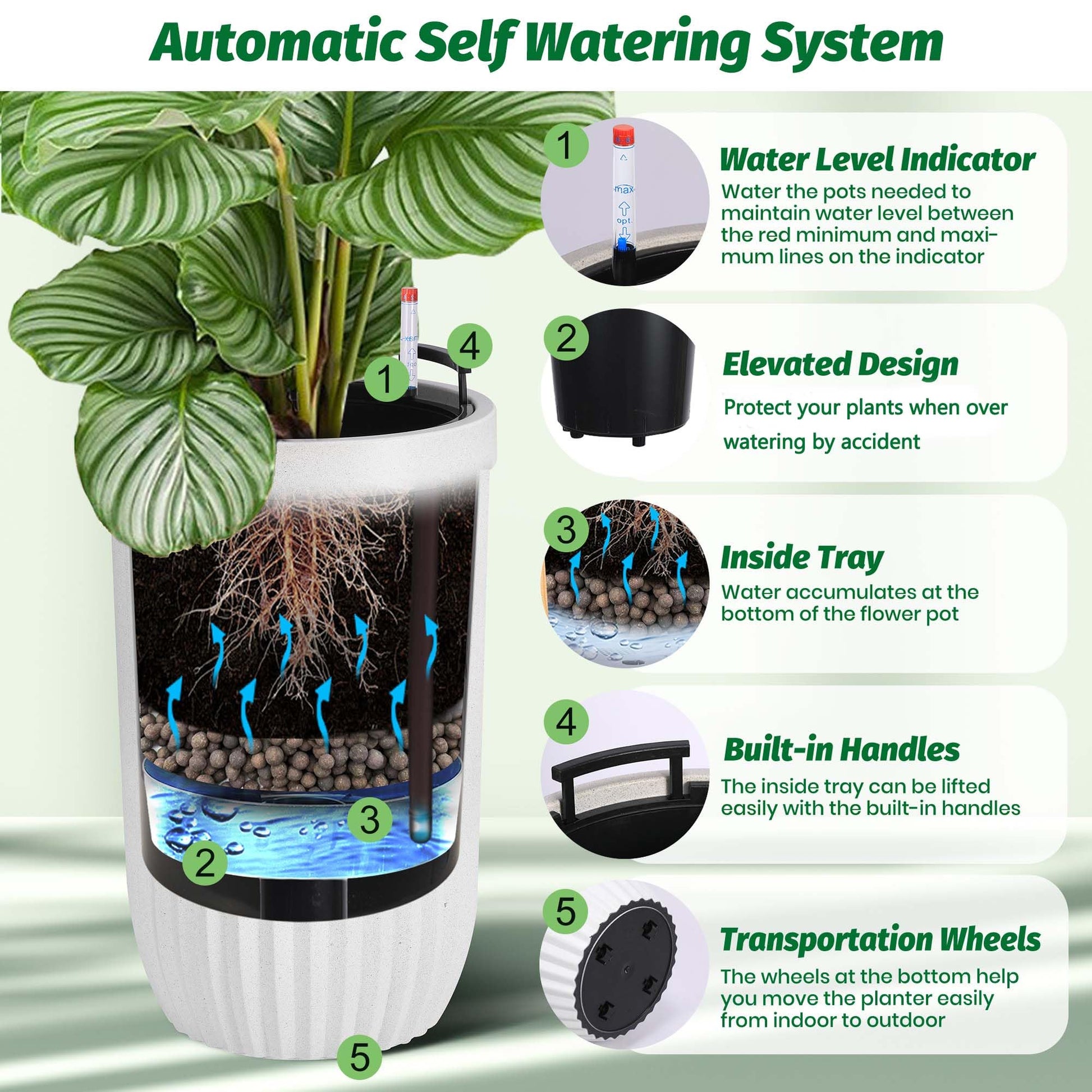 Garvee 23 Inch Tall Planters Set of 2, Self Watering Pots with a Water Level Monitor and Hidden Wheels, Ideal for Living Room, Bedroom, Office, Patio, Porch, Garden, Commercial Places, White