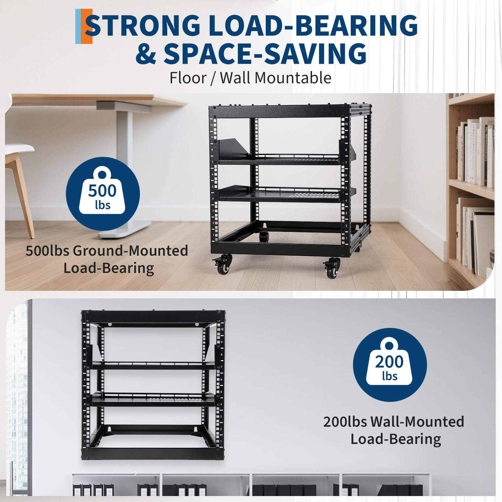 Garvee 10U Open Frame Server Rack, 23''-40'' Adjustable Depth, Wall Mount & Free Standing Network Rack with 4 Lockable Casters & 2pcs 1U Server Rack Shelf, Holds All Your IT/AV Equipment Rack