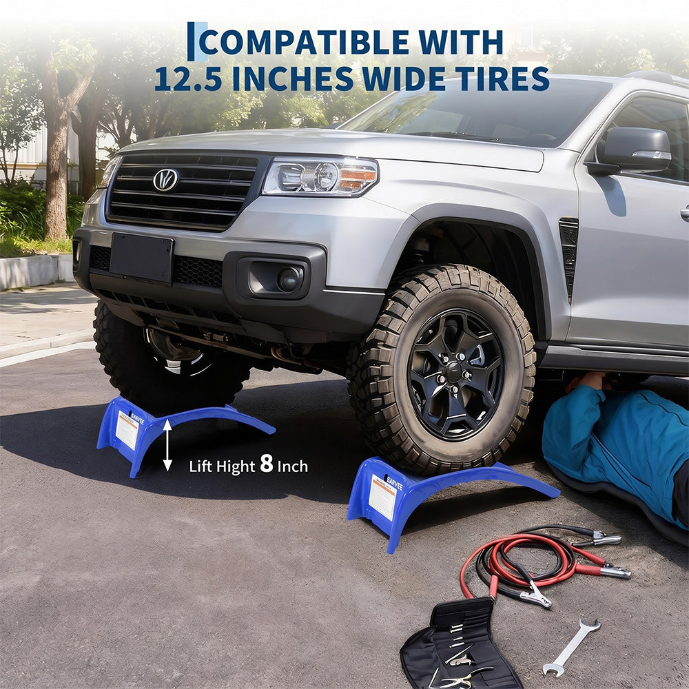 Garvee Heavy Duty 8 Inch Lift Sturdy Steel Car Ramps, 8000 lbs Capacity – Vehicle Service Ramps for Cars, Trucks, SUVs – Oil Change, Repair, Maintenance – 2 Pack – Blue