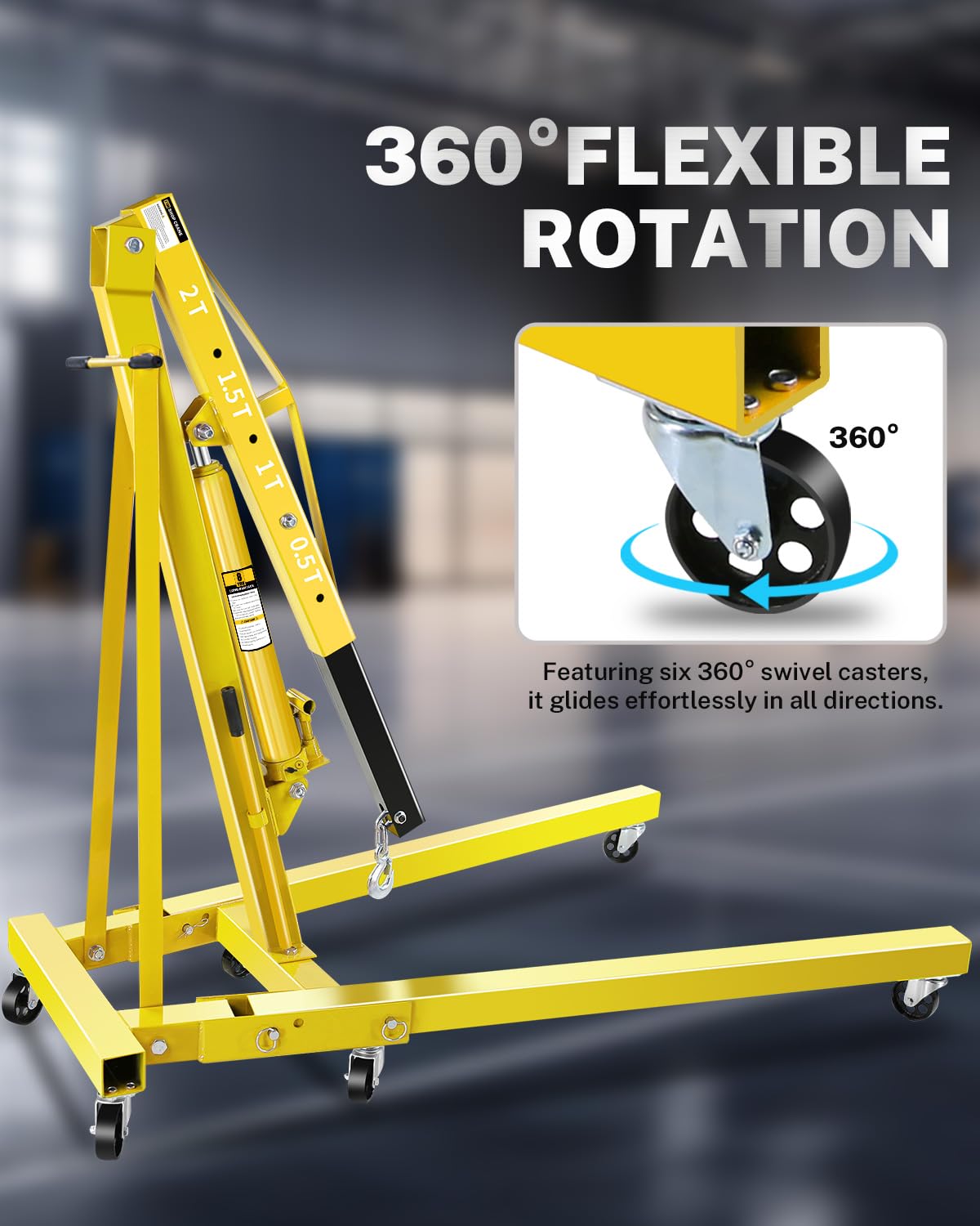 Garvee 2-Ton Folding Engine Hoist Hydraulic Crane with 6 Swivel Wheels Adjustable Boom Reinforced Steel Rust-Resistant Portable Garage Workshop Yellow