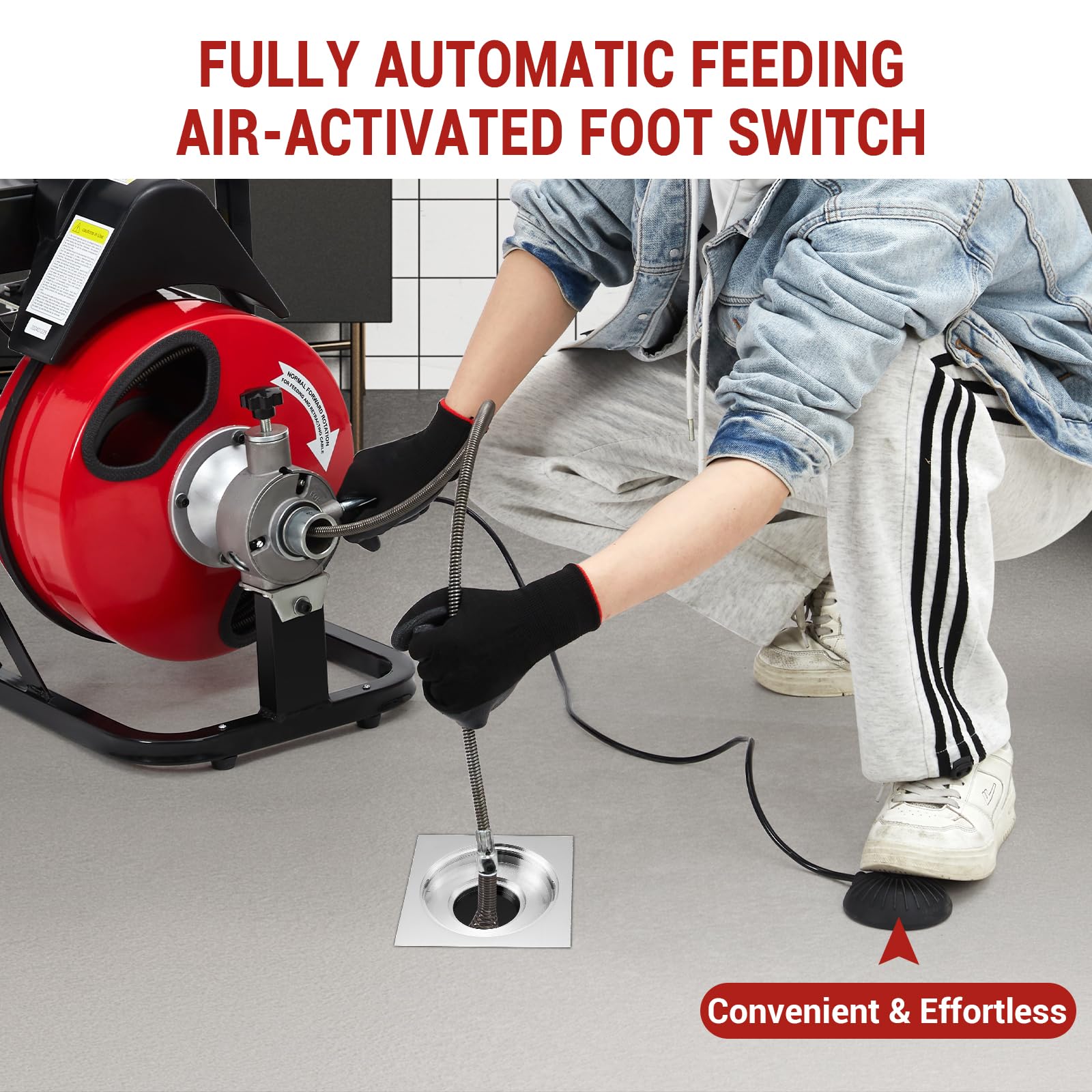 Garvee Auto Feed 100 FT x 1/2 Inch Drain Cleaner Machine with 250W Motor, Portable Sewer Snake Auger with 8 Cutters & Air-activated Foot Switch, Fits 1" to 4" Pipes, Black & Red