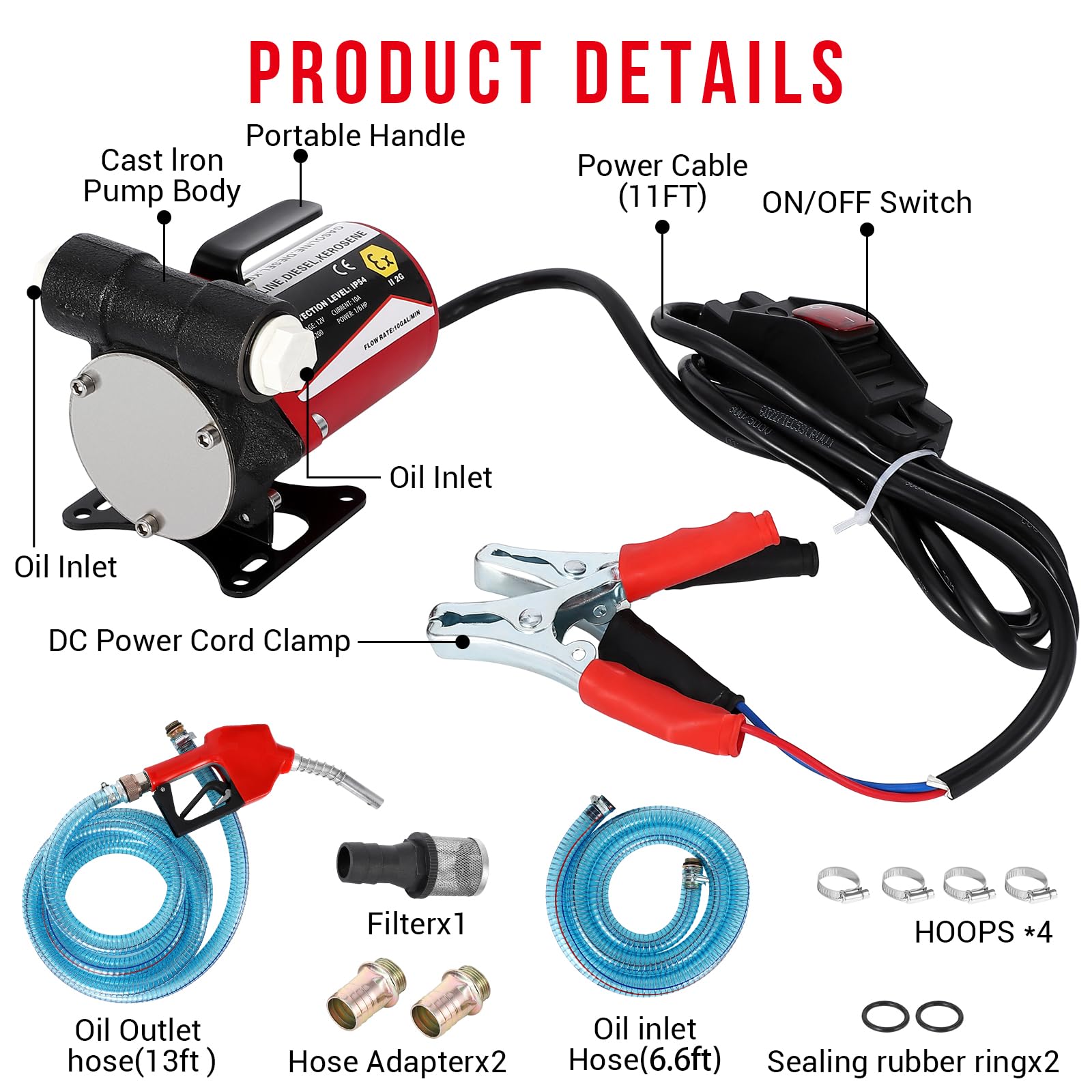 Garvee Fuel Transfer Pump DC 12V Diesel Transfer Pump with Nozzle Hose Cast Iron Gasoline Transfer Pump, 8GPM, Overheating Stability, Applicable to Gasoline, Diesel, Clear