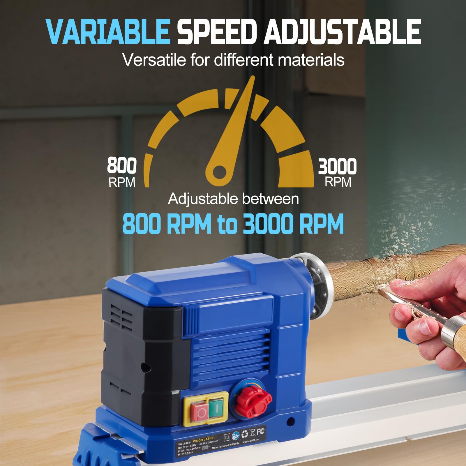 Garvee Wood Lathe, 10" x 24" Benchtop Wood Lathe Machine 0.8 HP 600W Infinitely Variable Speed 800-3000 RPM, Wood Turning Lathe Machine with Wrench & 2 Chisels for Woodworking, Woodturning