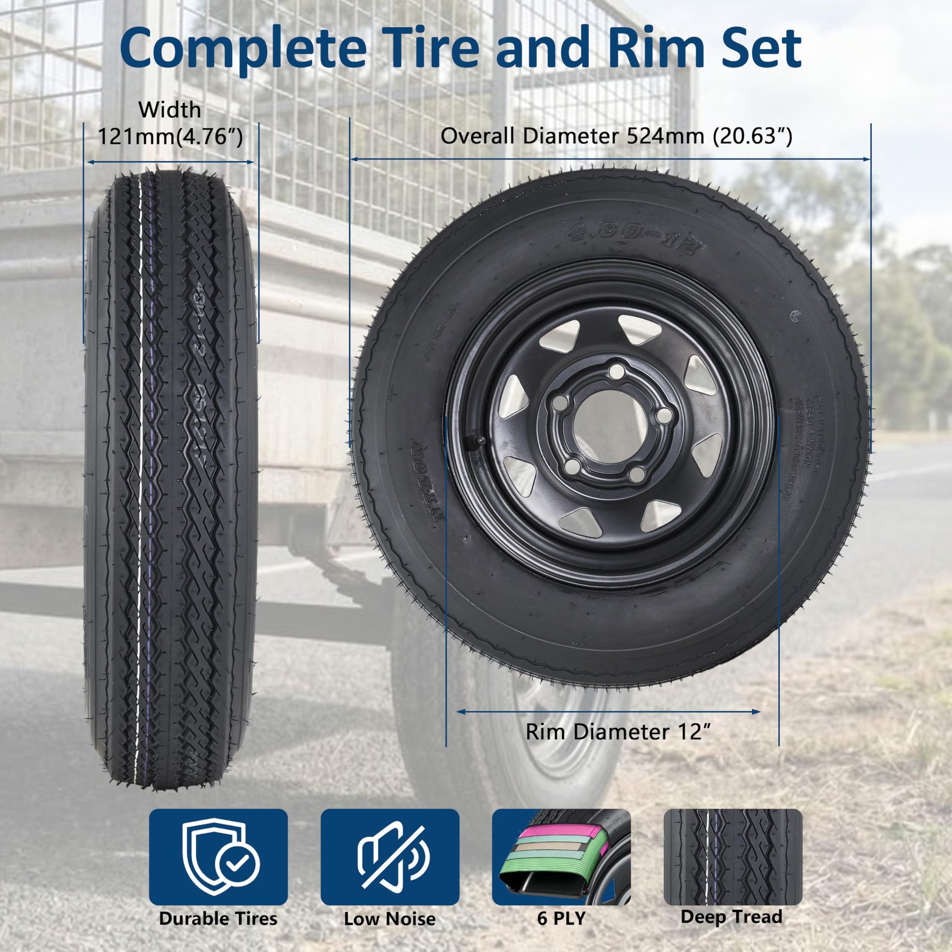 Garvee 4.80-12 Trailer Tires with 12 in Rims, 5 Lug, Load Range C, Multi-Function Lawn Mower & Tractor Tires, Black, 2 Pack