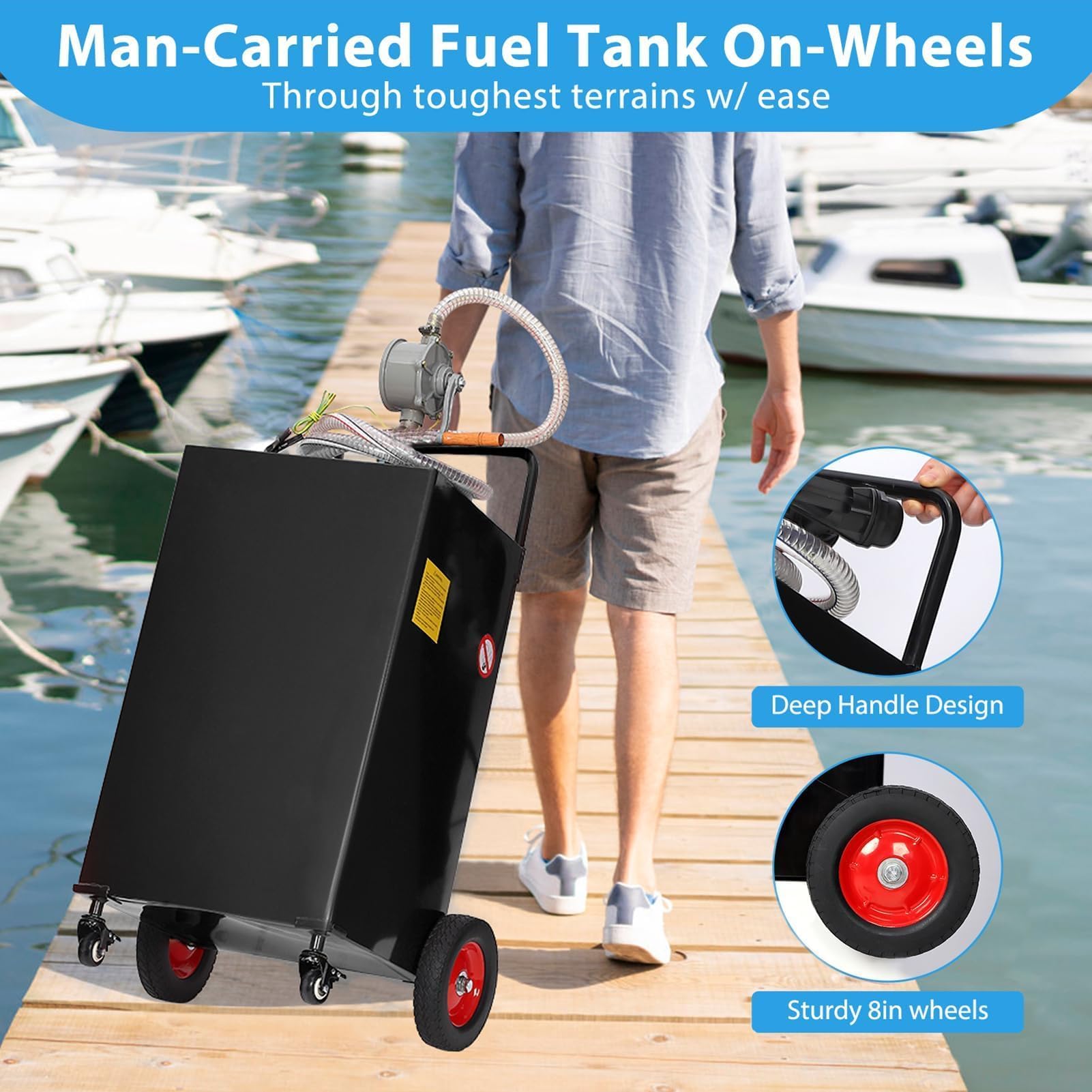 Garvee 40-Gallon Fuel Caddy - Portable Polyethylene Gasoline and Diesel Tank with Manual Rotary Pump, 360° Swivel Connector, 4 Wheels, and Side Hook for Cars and Boats, Black