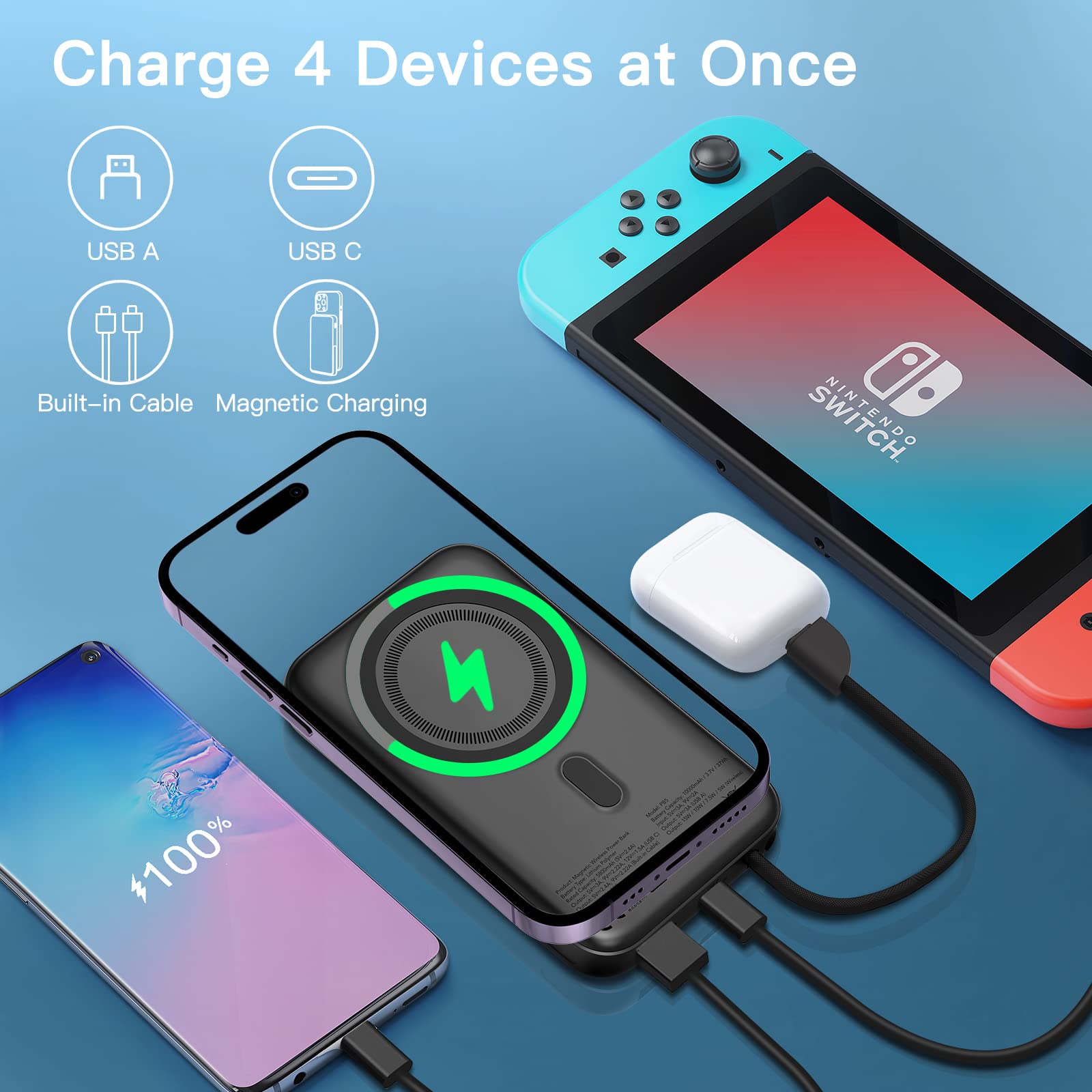 Garvee Wireless Portable Charger with Built in Cable， 10000mAh Magnetic Power Bank PD 20W Mag-Safe Battery Pack for iPhone 14/13/12