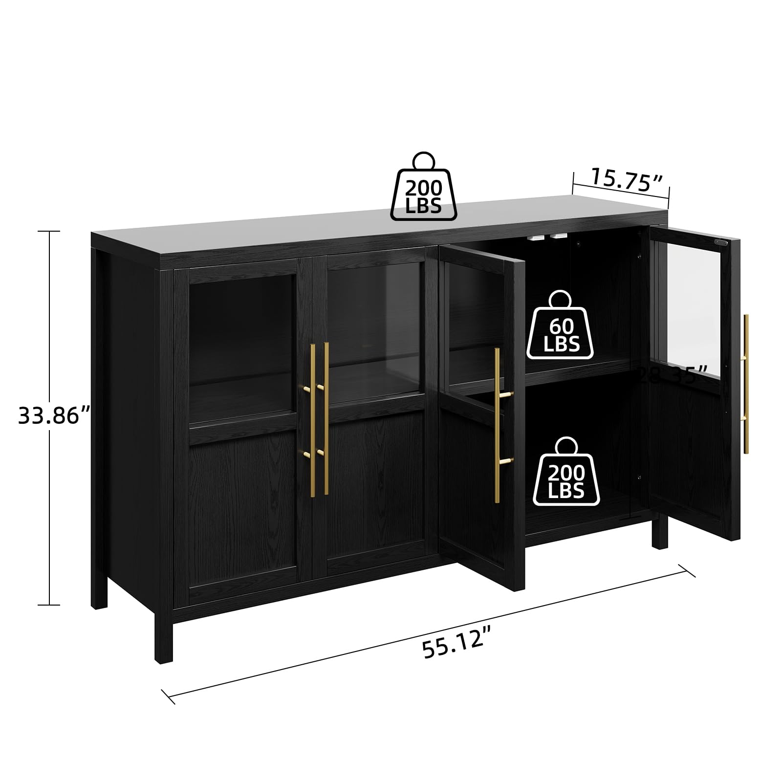 Garvee Sideboard Buffet Cabinet with 4 Glass Doors, 55" Large Buffet Cabinet with Storage, Modern Farmhouse Storage Cabinet Table for Kitchen Dining Room, Living Room, Black
