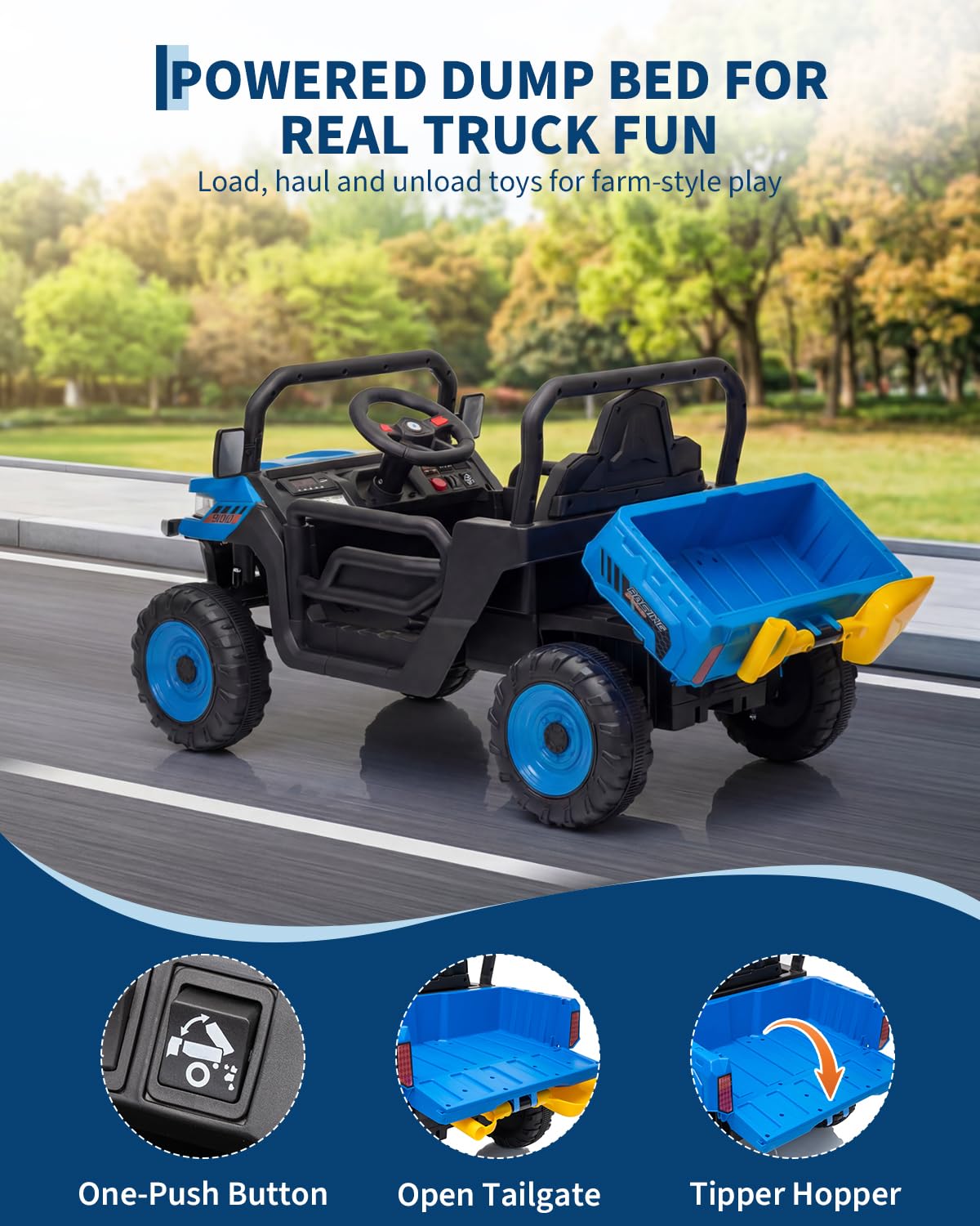 Garvee 12V Kids Ride on Dump Truck with Parent Remote Control, Single Seater Electric Farm Truck for Kids, Powered Dump Bed, Double Opening Doors, Suspension, LED Lights, MP3 & Horn,Blue