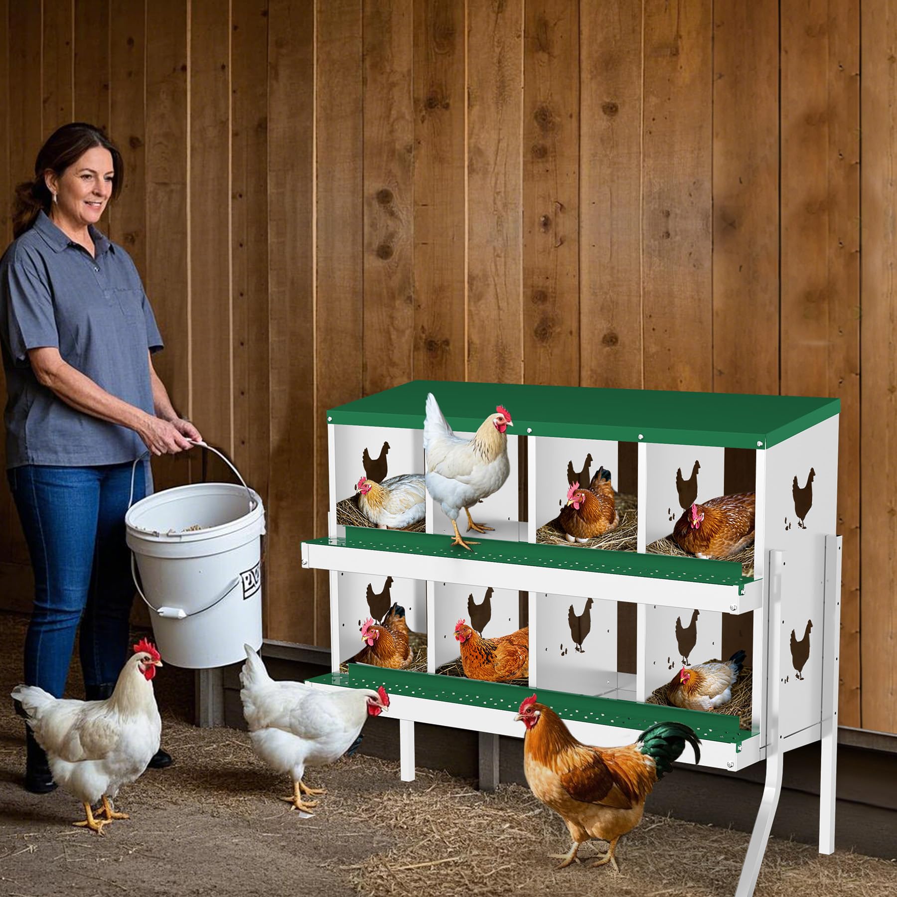 Garvee 8 Compartments Metal Chicken Nesting Boxes, Nesting Boxes with Metal Legs, Chicken Laying Box with Roll Out Egg Collection with Vented Holes