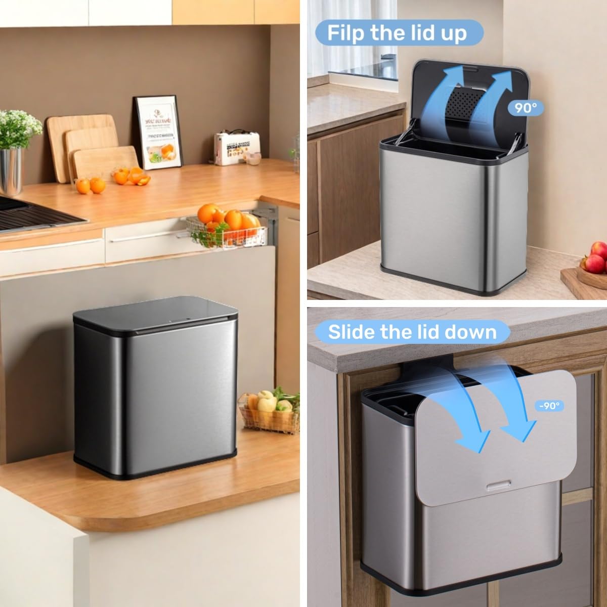 Garvee 1.3Gallon/5L Stainless Steel Hanging Trash Can with Inner Bucket And Charcoal Filter for Counter Top & Under Sink Bathroom Bedroom Cupboard