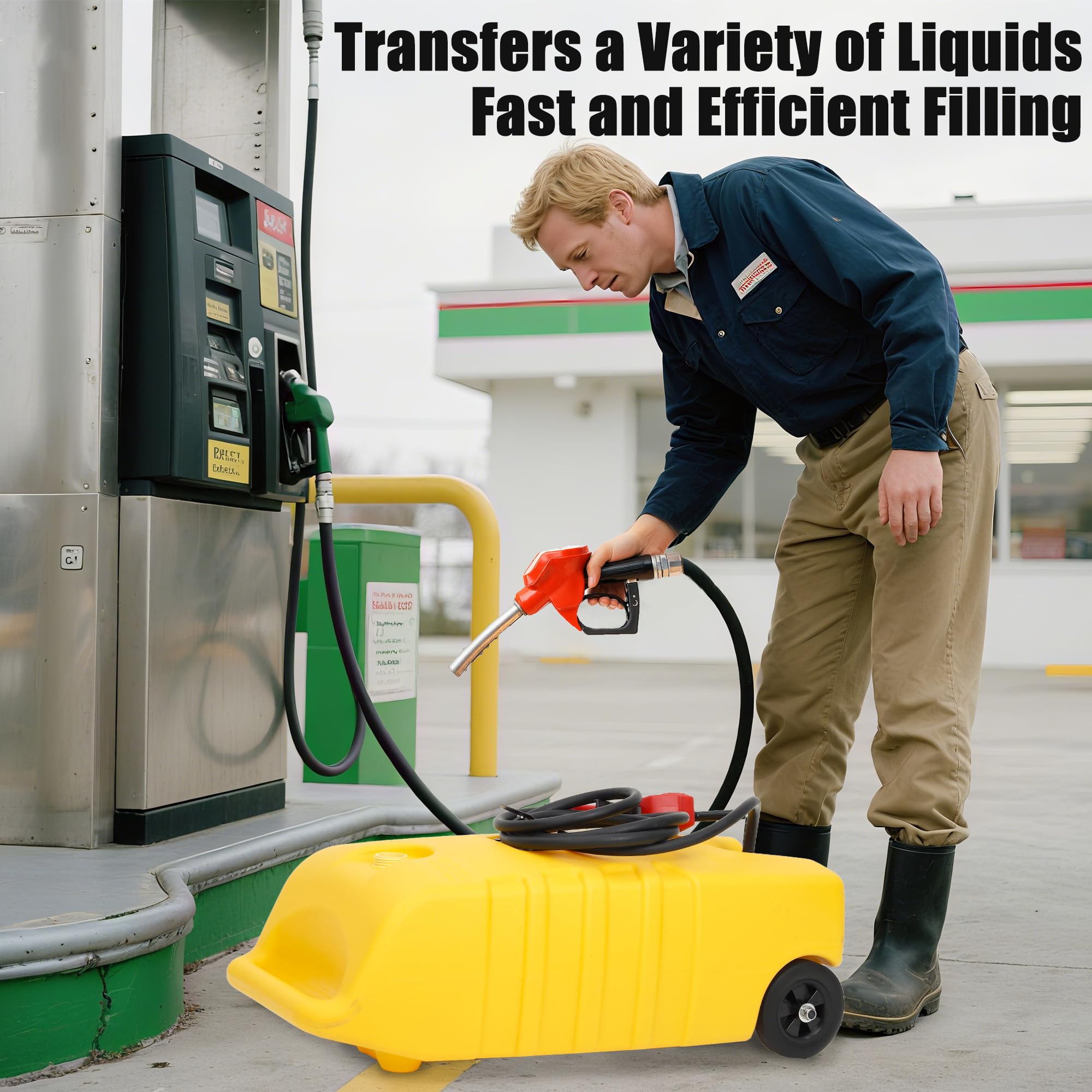 Yellow fuel caddy and manual nozzle shown during fuel transfer at a service station