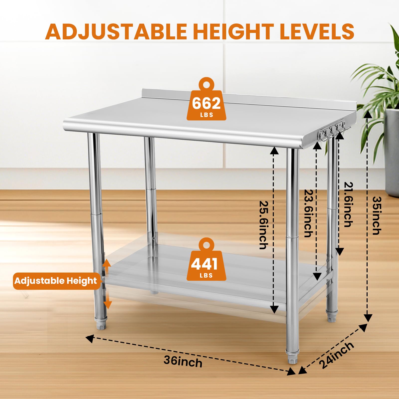 Garvee 36"L x 24"W x 35"H Stainless Steel Table for Prep & Work with Backsplash, Commercial Metal Kitchen Prep Table with Hooks and Adjustable Shelf, Heavy Duty Table for Home Garage Restaurant