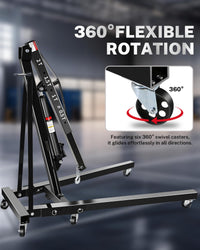 Garvee 2-Ton Folding Engine Hoist Hydraulic Crane with 6 Swivel Wheels & Adjustable Boom Reinforced Steel Rust-Proof Coating Garage Workshop Farm, Black