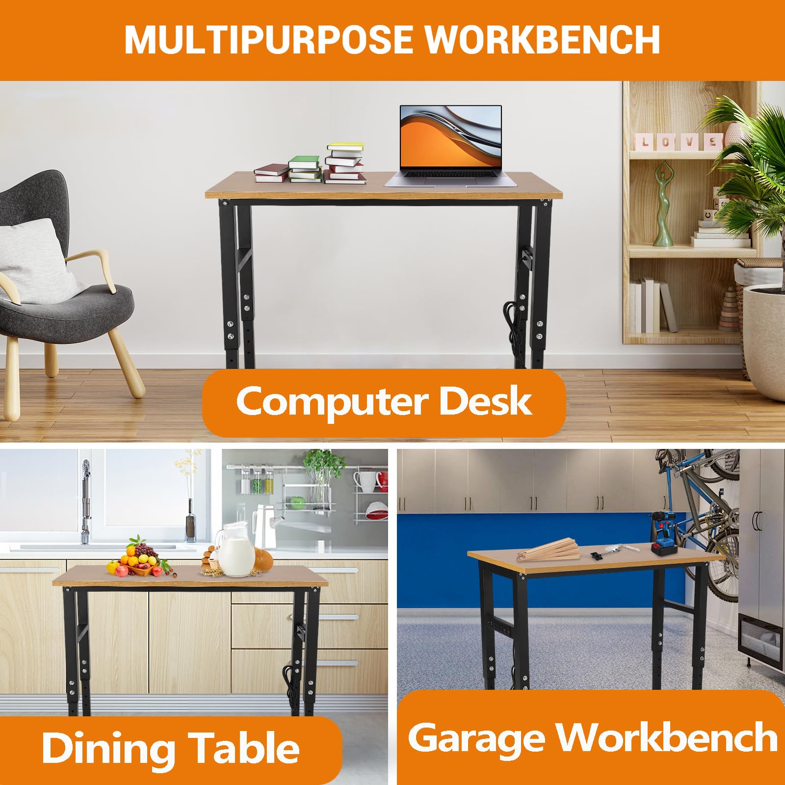 Garvee 60" x 20" Adjustable Workbench with Power Outlet - Heavy-Duty Work Bench with Foot Pads, 2500 lbs Load Capacity for Garage and Workshop