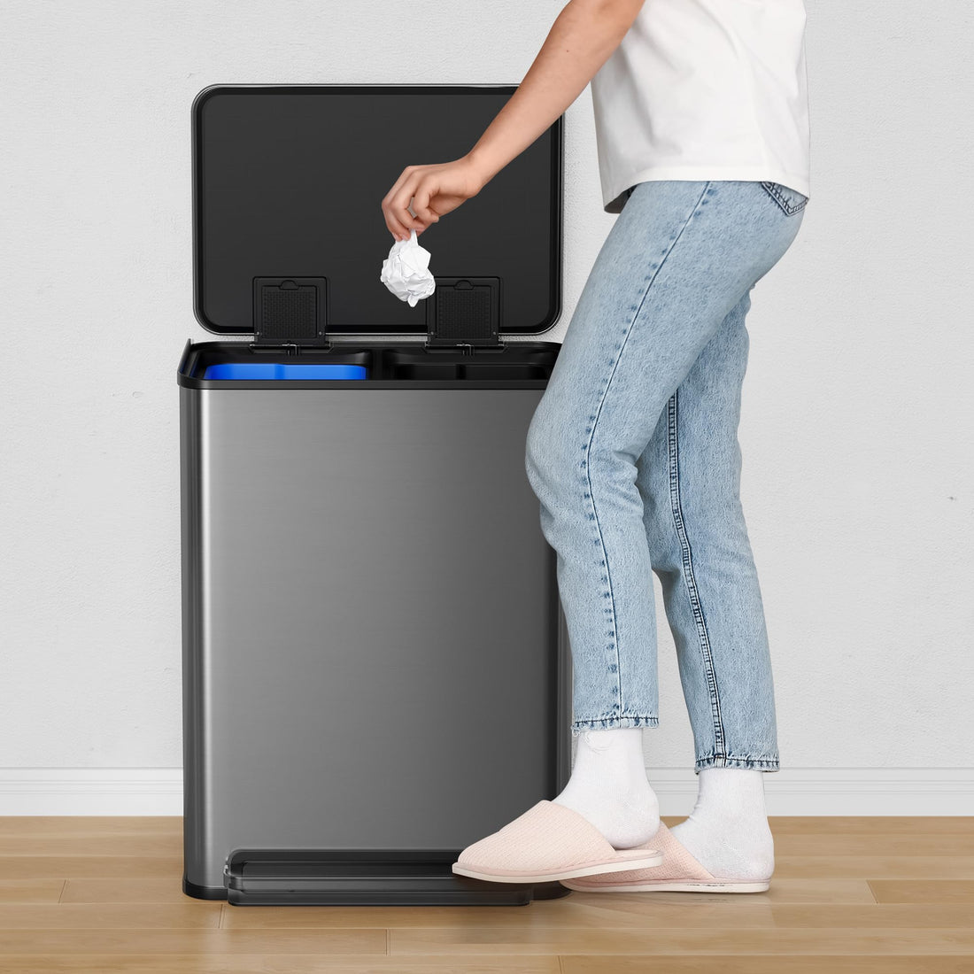 Garvee 16 Gallon Stainless Steel Dual Trash Can with Removable Baskets for Kitchen and Living Room, Black