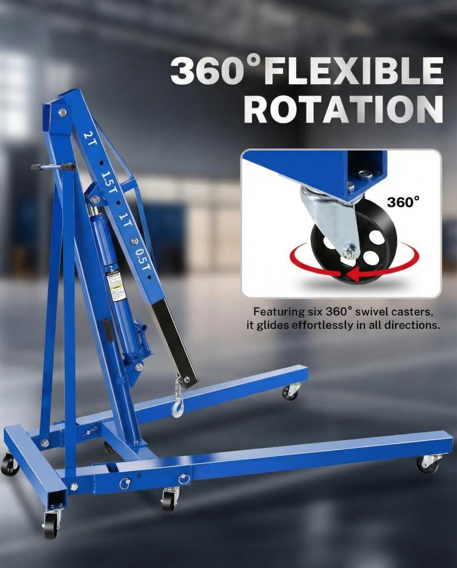 Garvee 2 Ton Engine Hoist Cherry Picker - 4400 lbs Capacity, Foldable Steel Frame, Heavy-Duty Hydraulic Crane with 6 Casters for Truck Engines and Farm Use, Blue